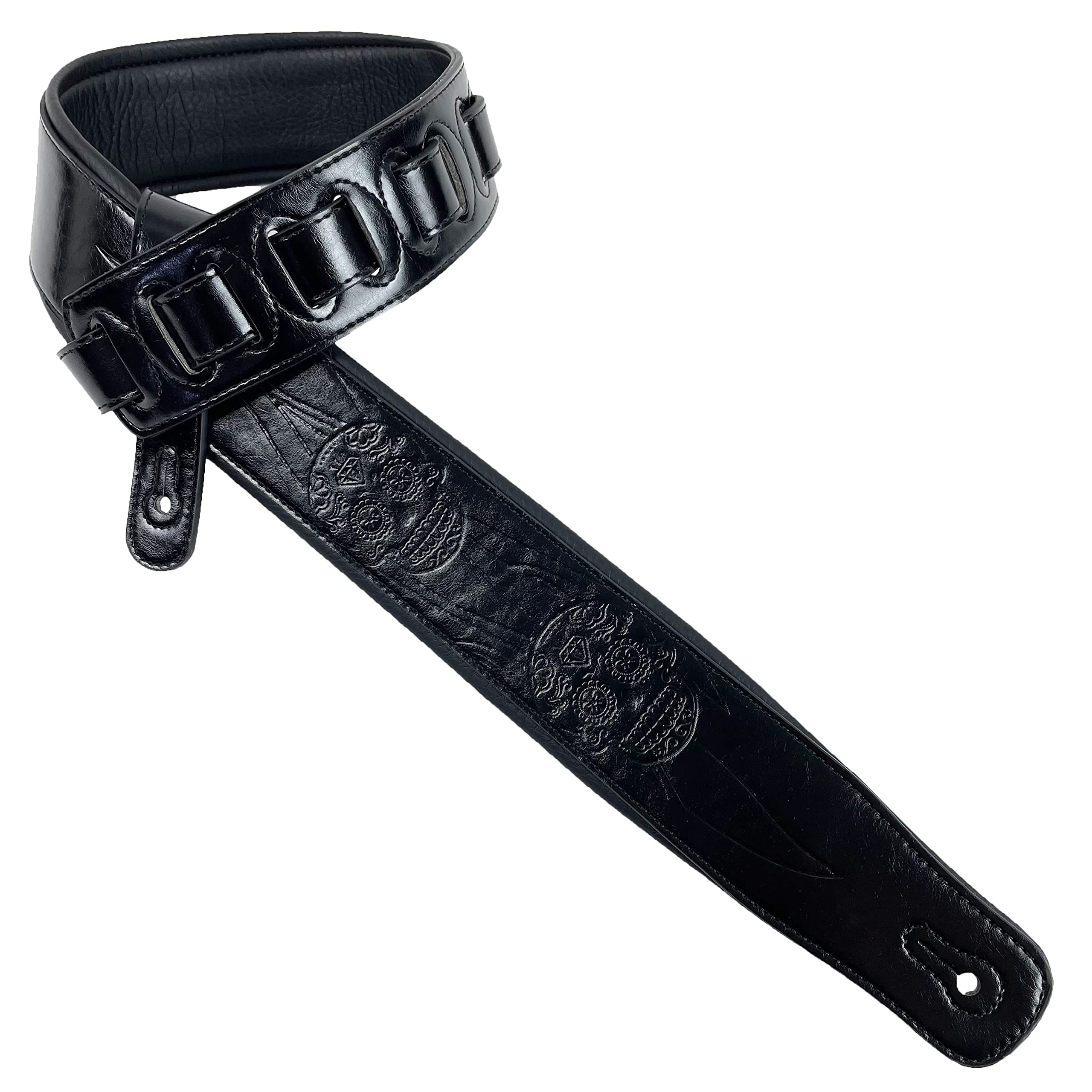 Walker & Williams GM1176 Black On Black 2.5 Padded Guitar Strap with Embossed Fire Skulls For Acoustic, Electric, And Bass Gui
