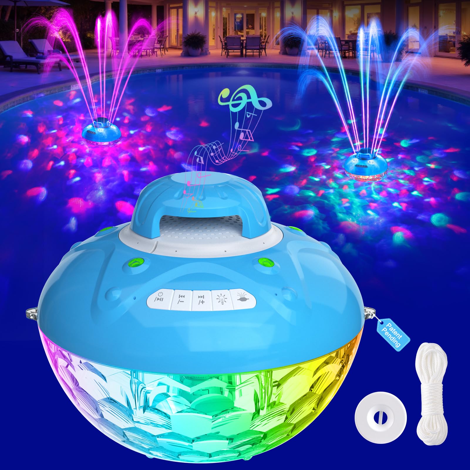 Blufree Bluetooth Pool Speaker W/Colorful Pool Fountain Light, 3 In 1 Floating Pool Speaker Loud Sound, Ip68 Waterproof Floating
