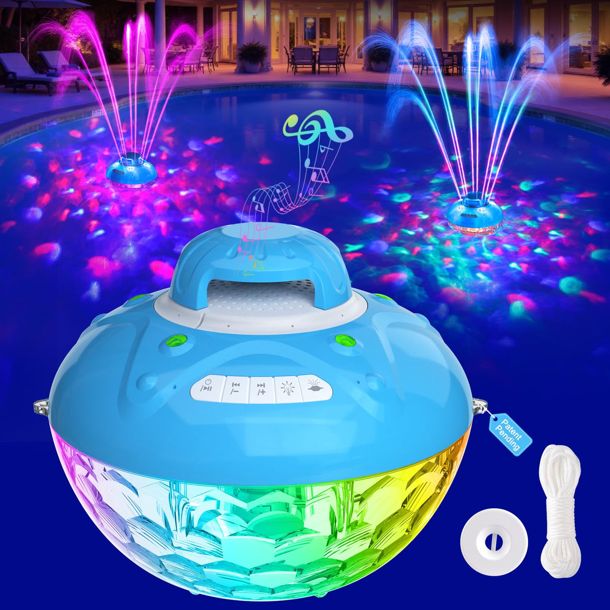 Blufree Bluetooth Pool Speaker W/Colorful Pool Fountain Light, 3 In 1 Floating Pool Speaker Loud Sound, Ip68 Waterproof Floating