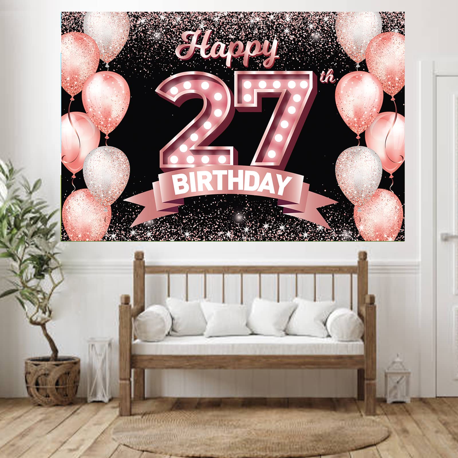 Happy 27Th Birthday Rose Gold Banner Backdrop Cheers To 27 Years Old Confetti Balloons Theme Decor Decorations For Women 27 Year