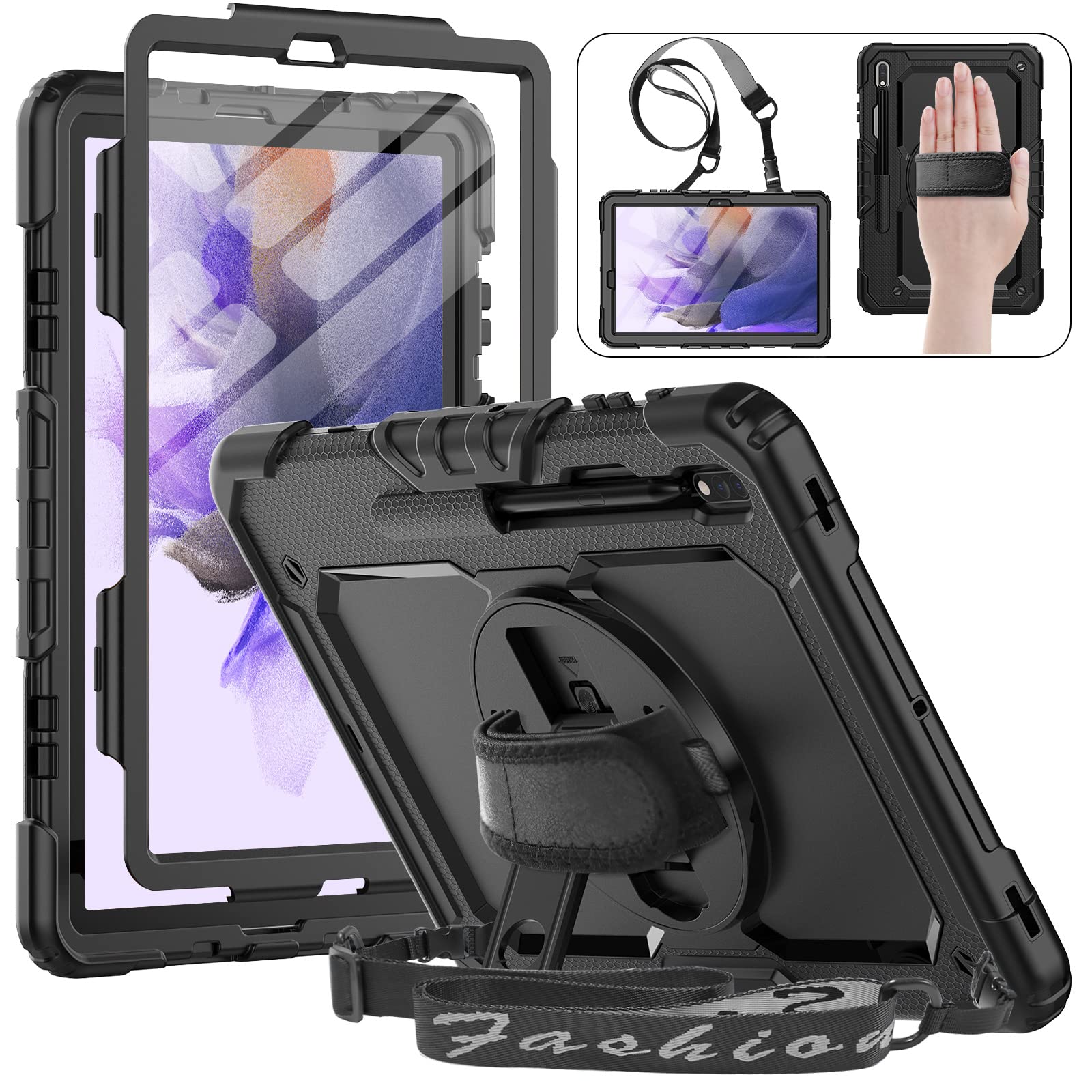 Hxcaseac Shockproof For Galaxy Tab S7 Fe 5G Case 12.4 Inch With Screen Protector/S Pen Holder / 360 Degree Rotating Strap Stand,