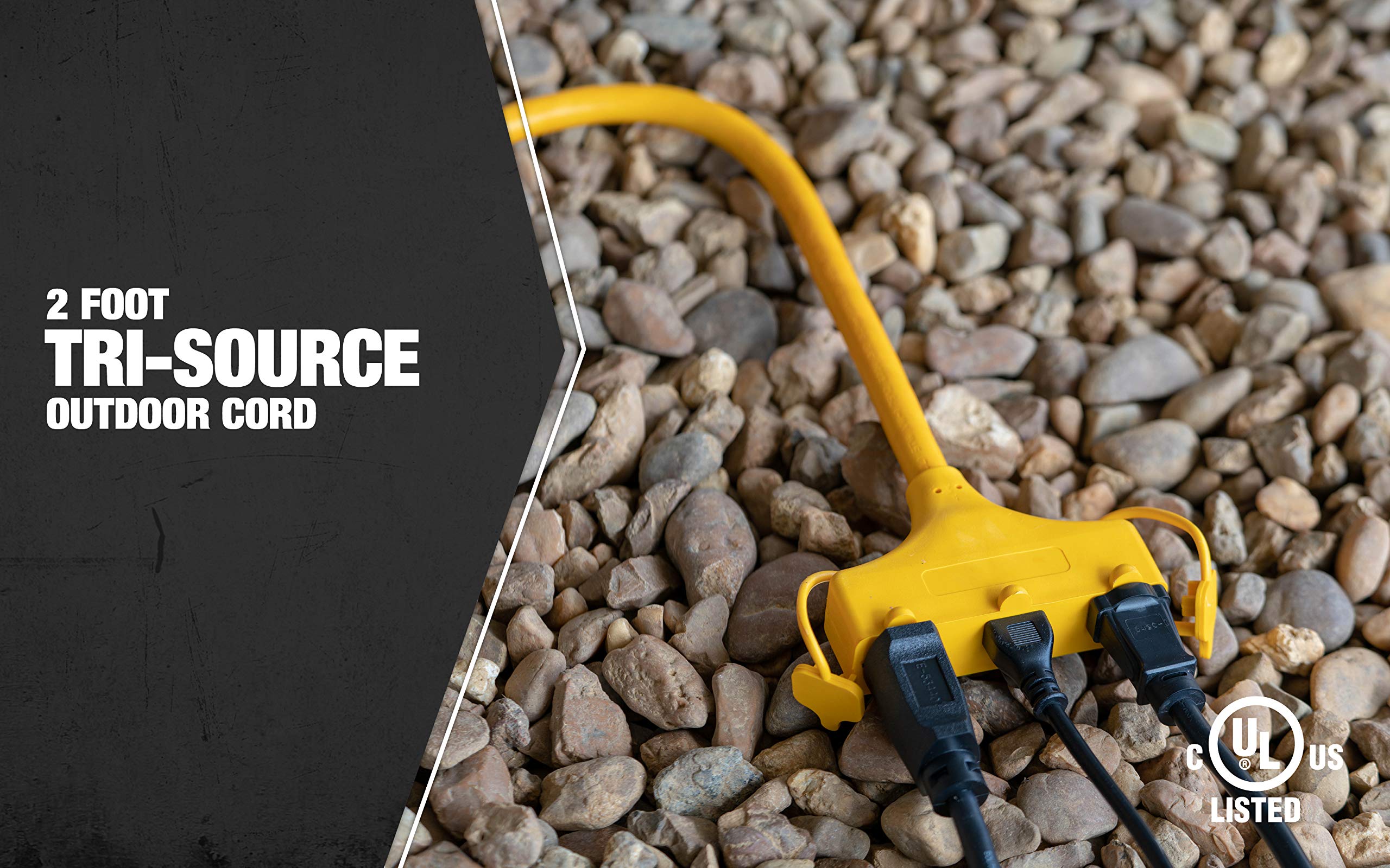 Coleman Cable 04112 12/3 Tri Source Adapter Extension Cord, 2 Foot, Yellow