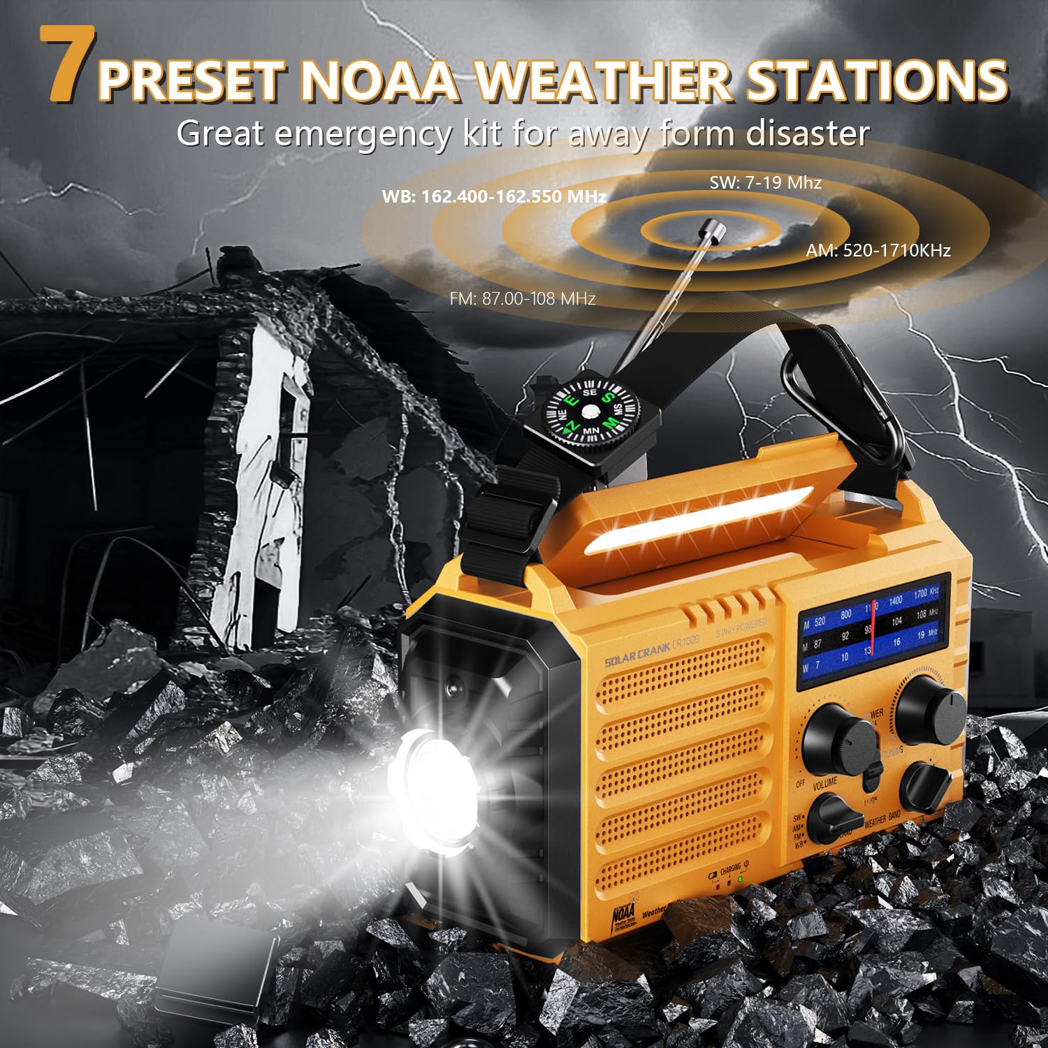 Emergency Weather Radio, 5 Ways Powered Crank Solar Radio, Portable Am/Fm/Sw/Noaa Weather Radio Battery Operated With Cellphone