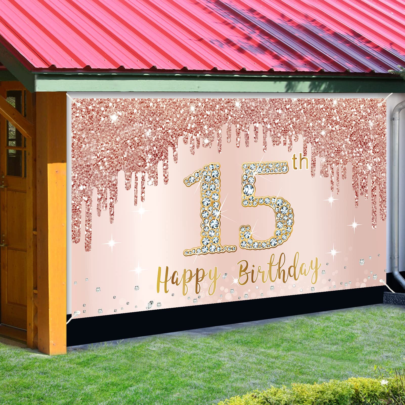Happy 15Th Birthday Banner Backdrop Decorations For Girls, Rose Gold 15 Birthday Party Sign Supplies, Pink 15 Year Old Birthday