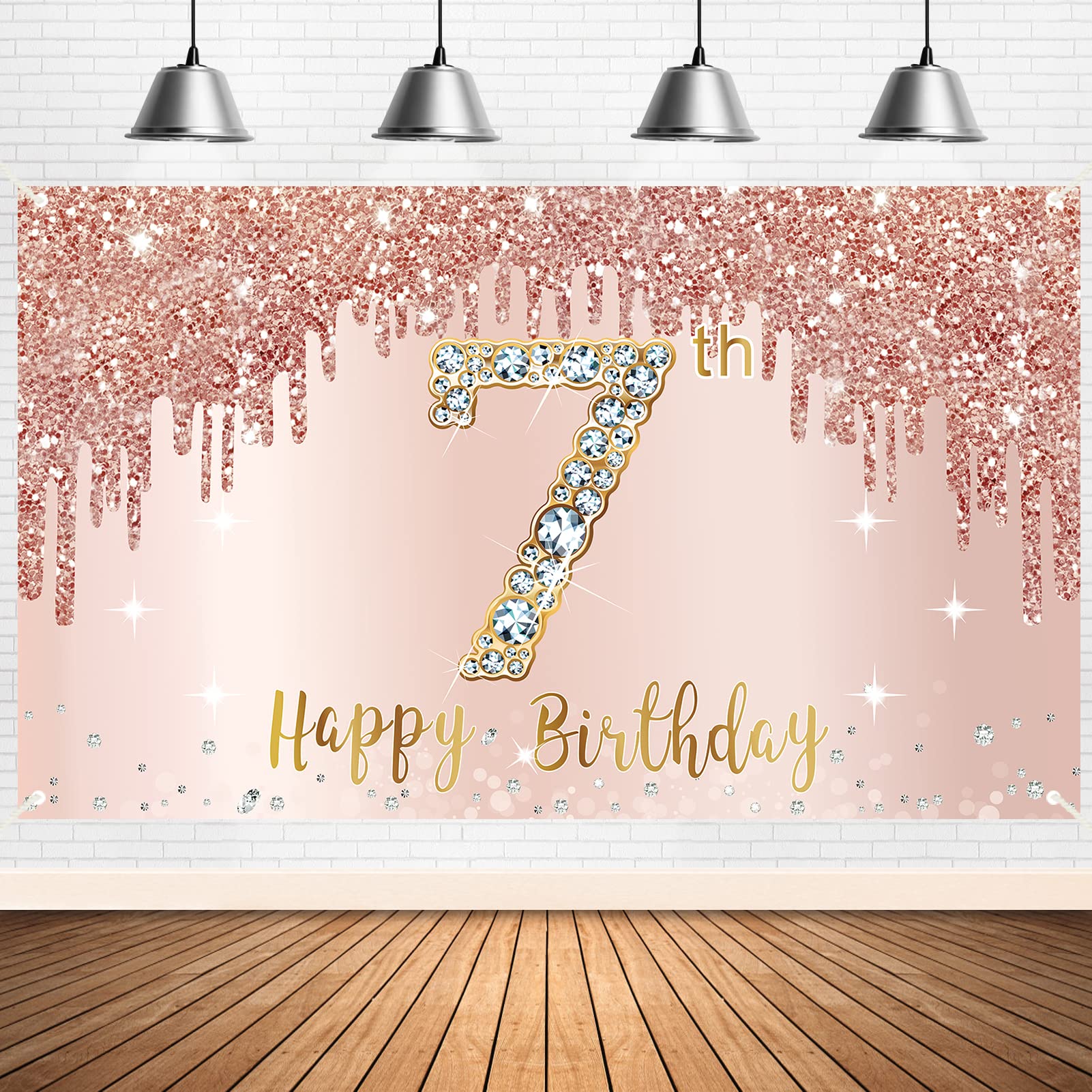 Happy 7Th Birthday Banner Backdrop Decorations For Girls, Rose Gold 7 Year Old Birthday Party Sign Supplies, Pink Seventh Birthd