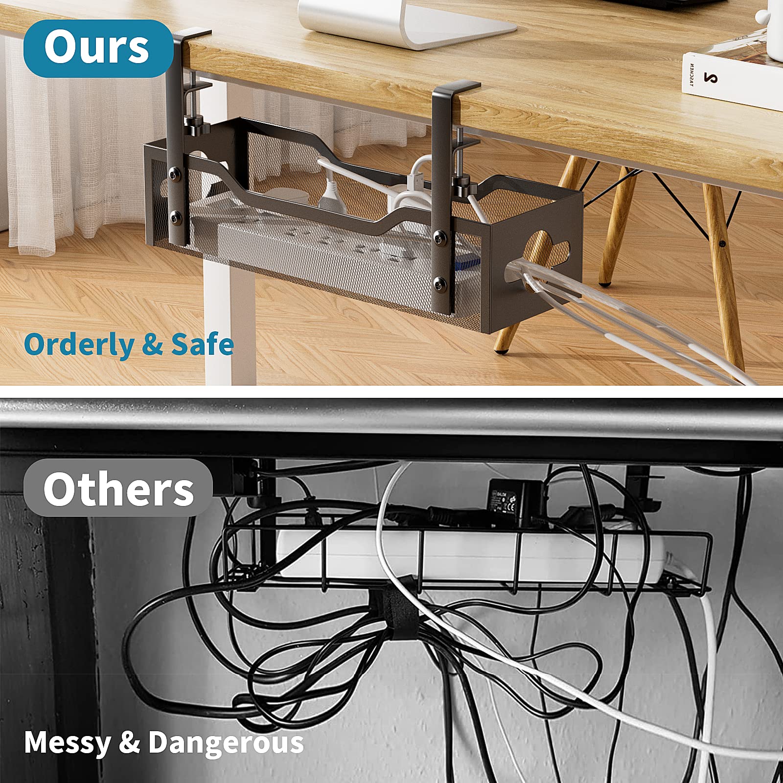Under Desk Cable Management Tray 2 Pack, Cable Management Under Desk No Drill, Desk Cable Organizer With Clamp Easy To Install F