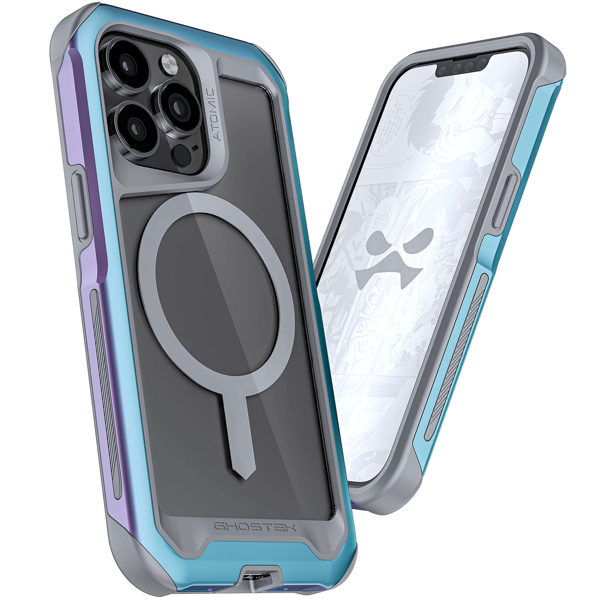 Ghostek Atomic Slim Apple 13 Pro Case With Ring Magsafe Magnet Built In Clear Back Iridescent Design Aluminum Metal Protective B