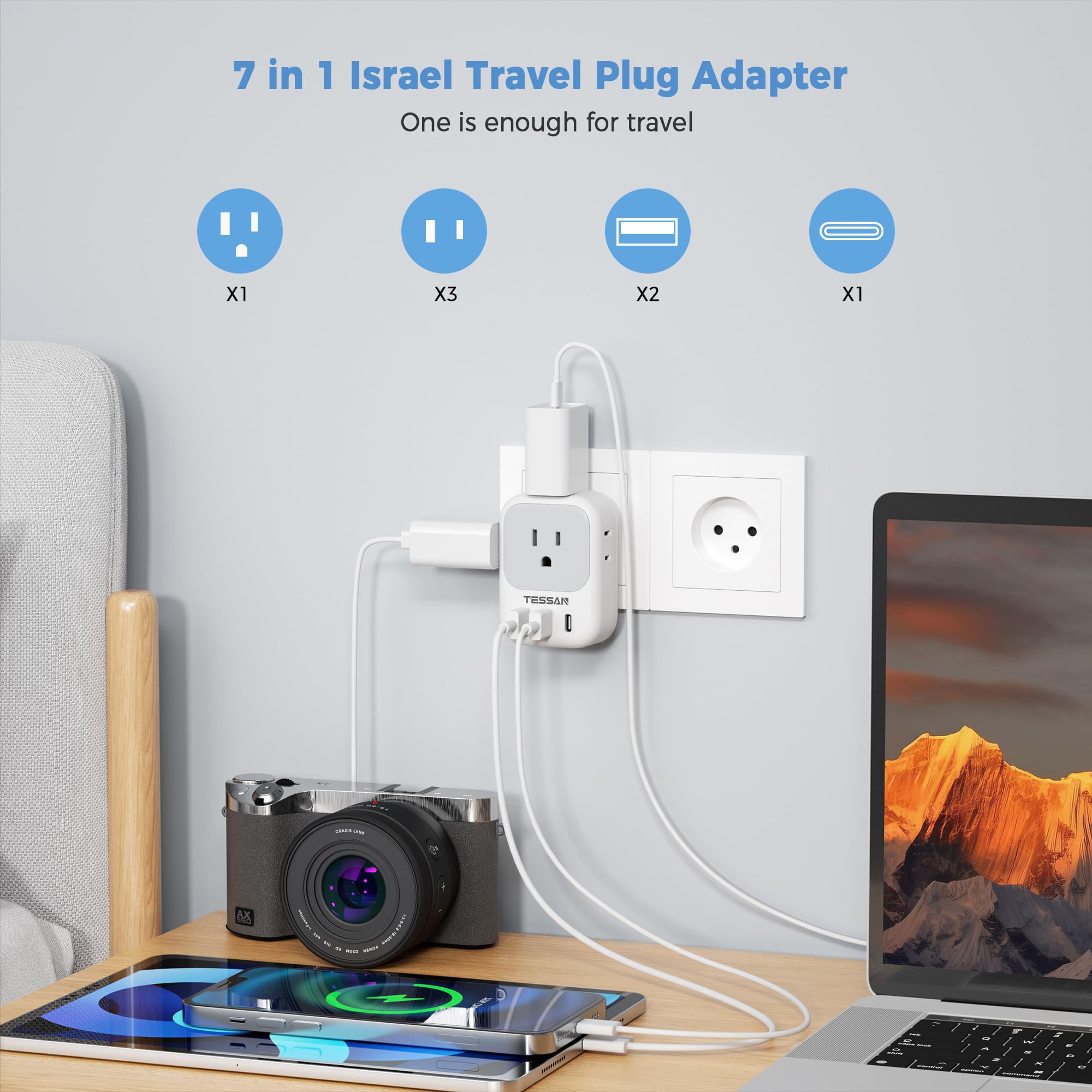 Tessan Israel Power Adapter, Us To Israel Plug Adapter With 4 American Outlets 3 Usb Charger (1 Usb C Port), Type H Travel Adapt