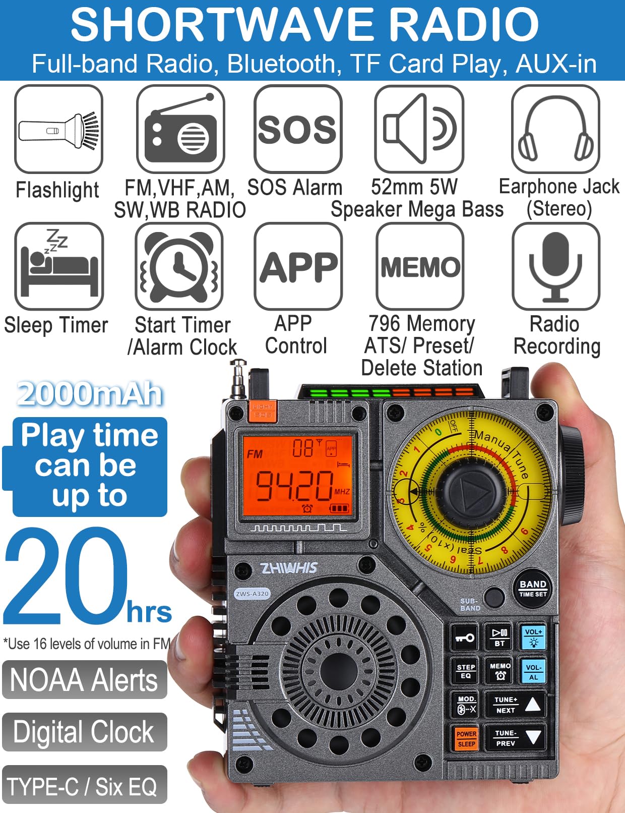 Zhiwhis Shortwave Radio With Bluetooth And App Control, Am Fm Vhf Sw Wb Portable Receiver, Super Bass/5 Types Of Light Effects/6