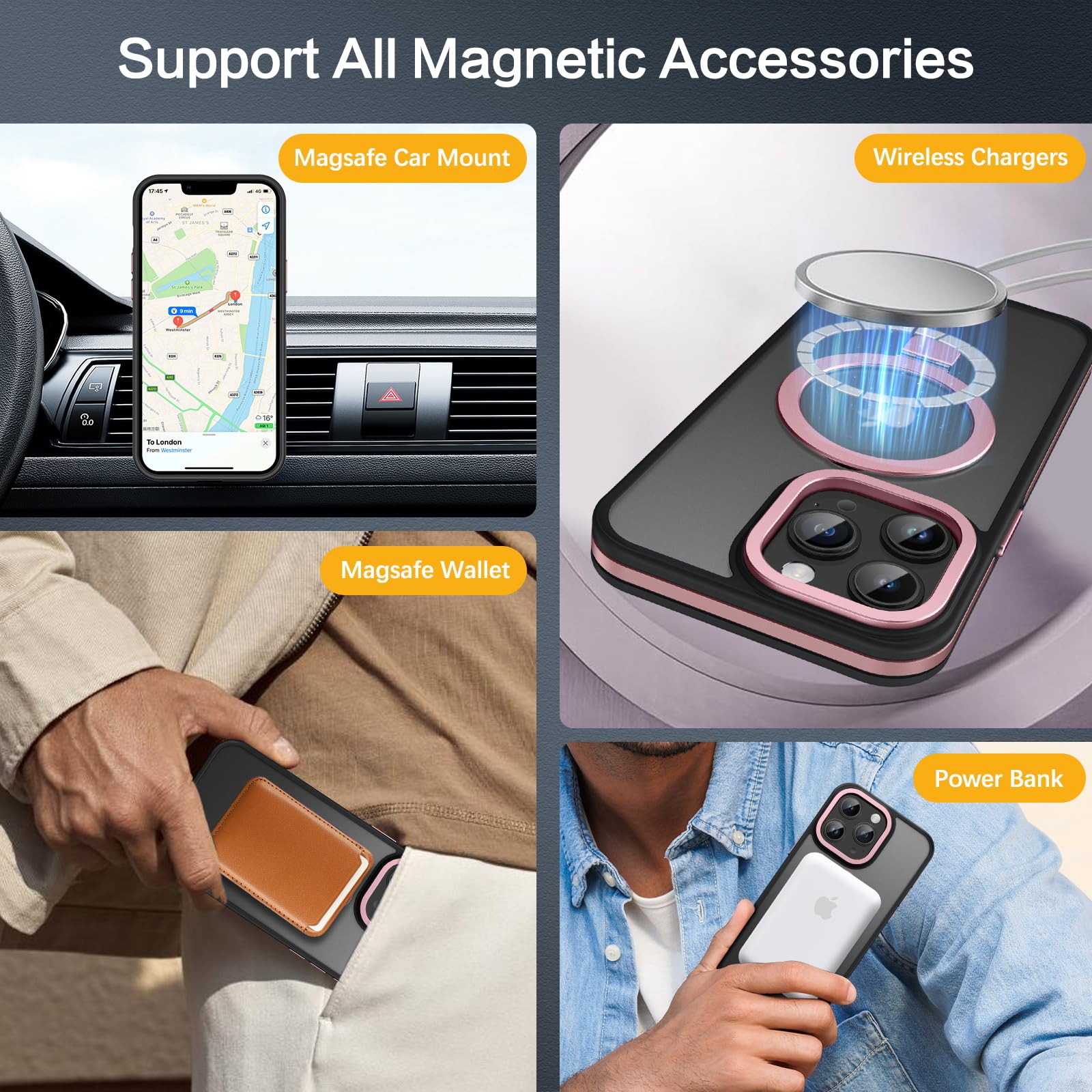 Veningo Iphone 15 Pro Max Case, Magnetic Slim Fit Magsafe Translucent Matte Car Mount Supported Foldable Ring Holder Kickstand S