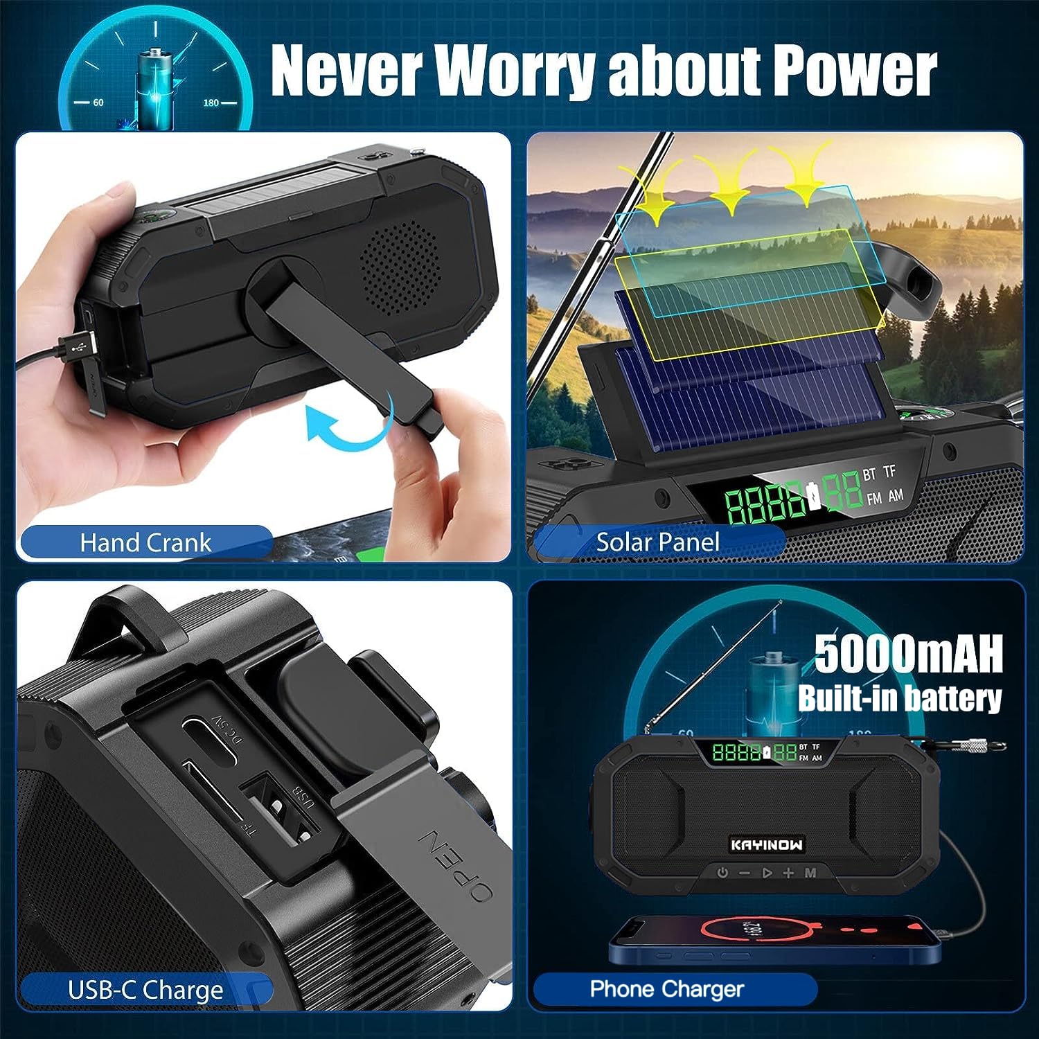 Solar Hand Crank Emergency Radio With Waterproof Bluetooth Speaker,Portable Am Fm Noaa Weather Radio, Rechargeable 5000Mah Batte