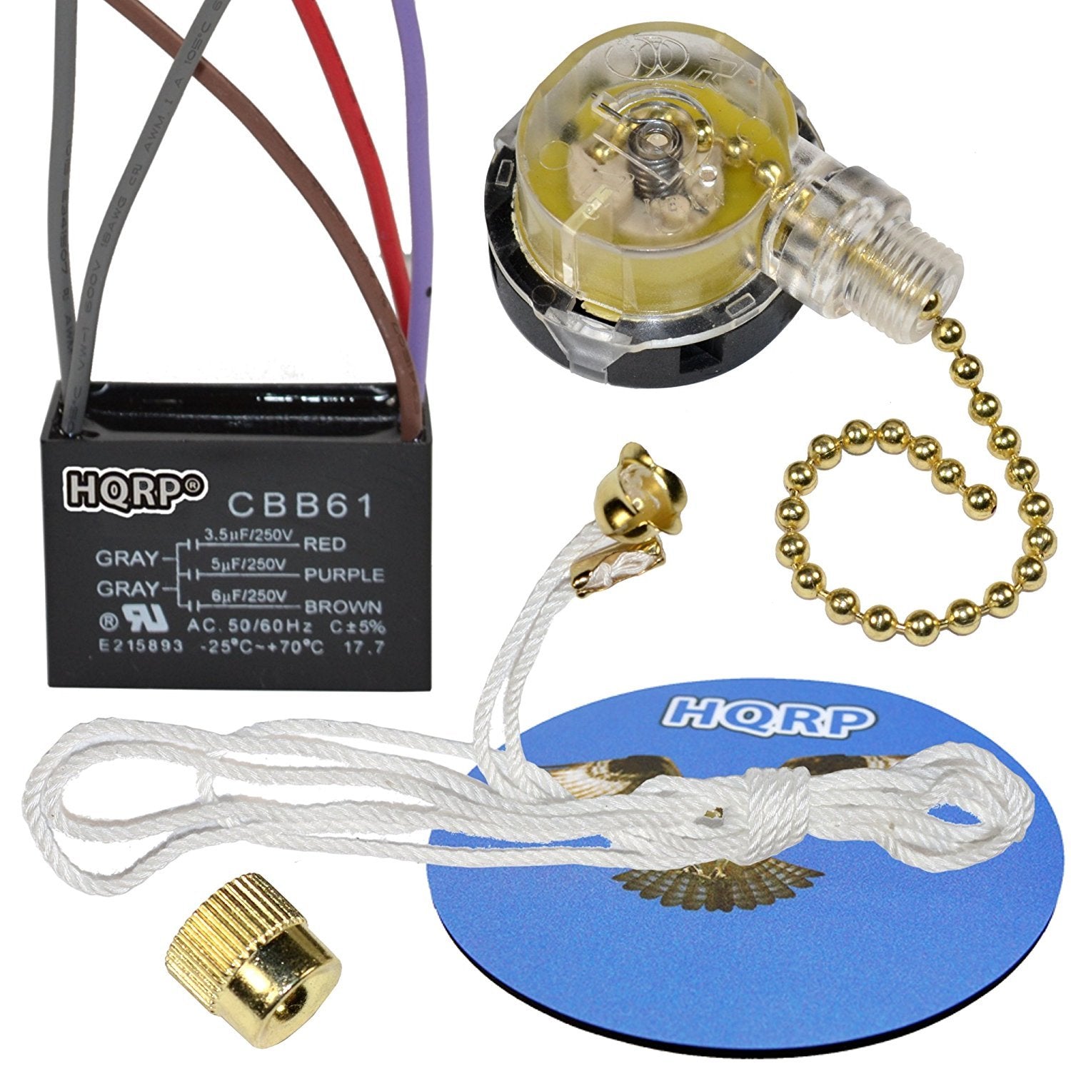 Hqrp Kit Ceiling Fan Capacitor Cbb61 3.5Uf+5Uf+6Uf 5 Wire Ul Listed And 3 Speed Fan Switch