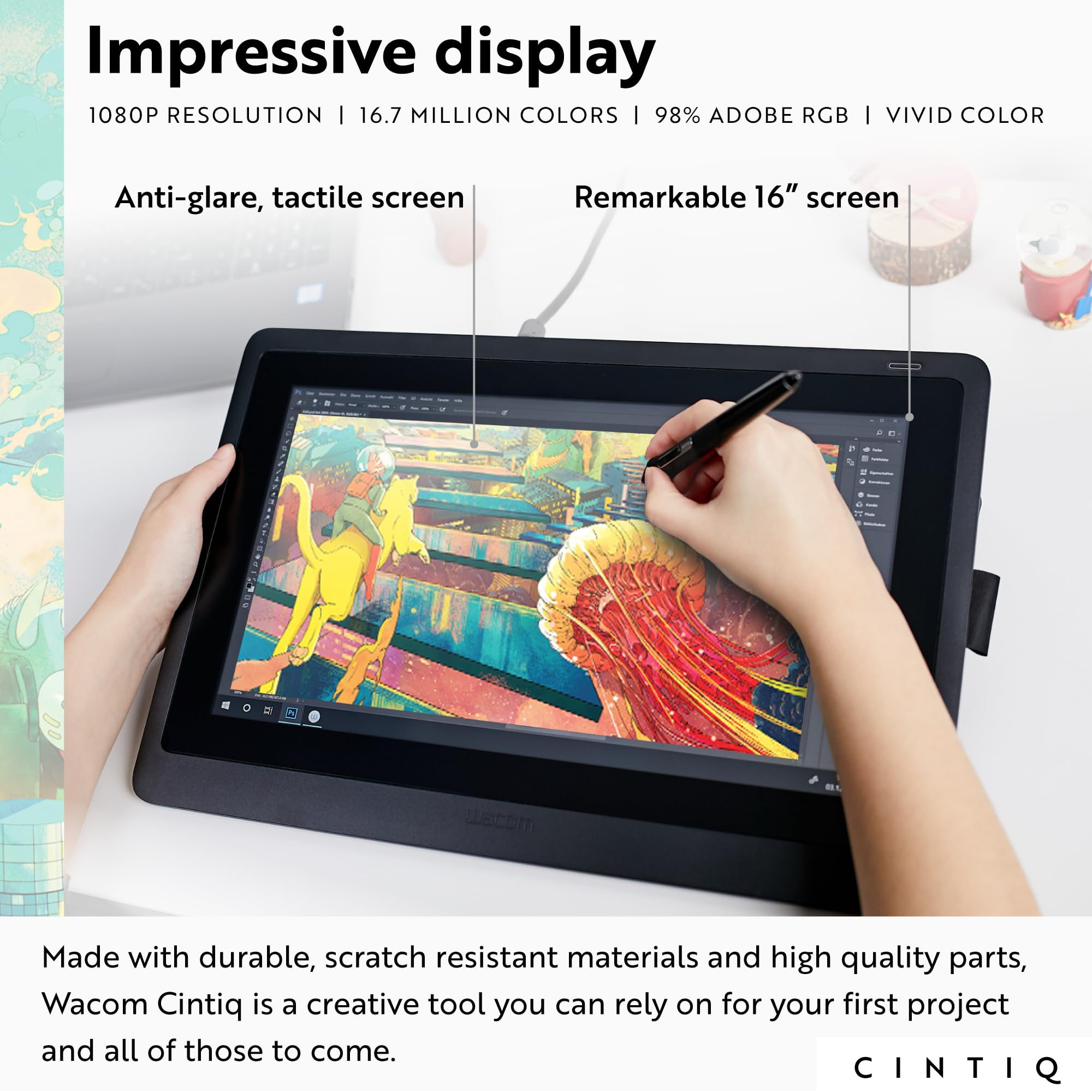 Wacom Cintiq 16 Drawing Tablet With Screen, 15.4 Full Hd Lcd Display Graphic Arts Tablet Includes Pro Pen 2 W/ Tilt Response, Gr