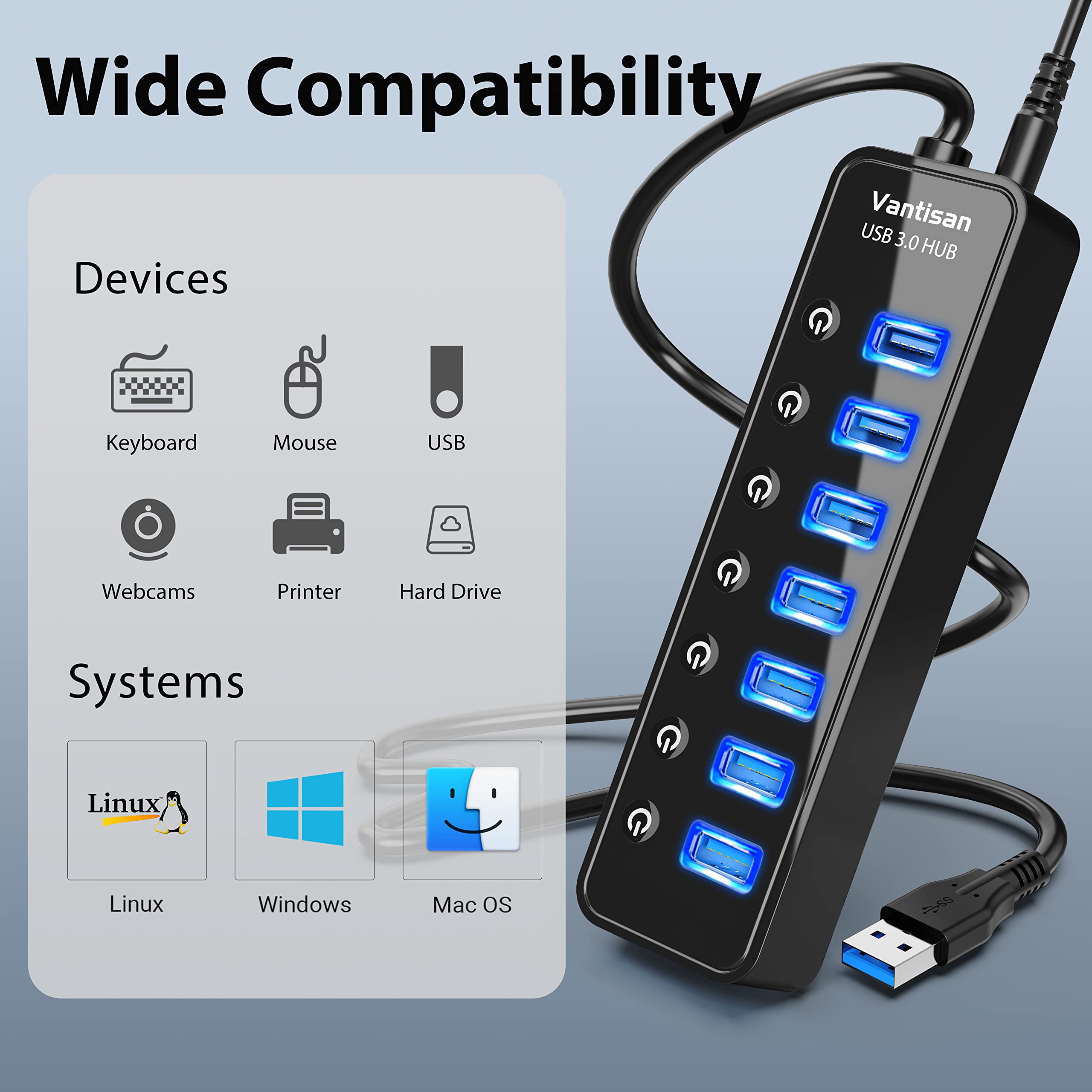 Vantisan Usb Hub 3.0 Powered, 7 Ports Usb Data Hub Splitter With One Smart Charging Port And 5V/4A Powered Adapter And On/Off Sw