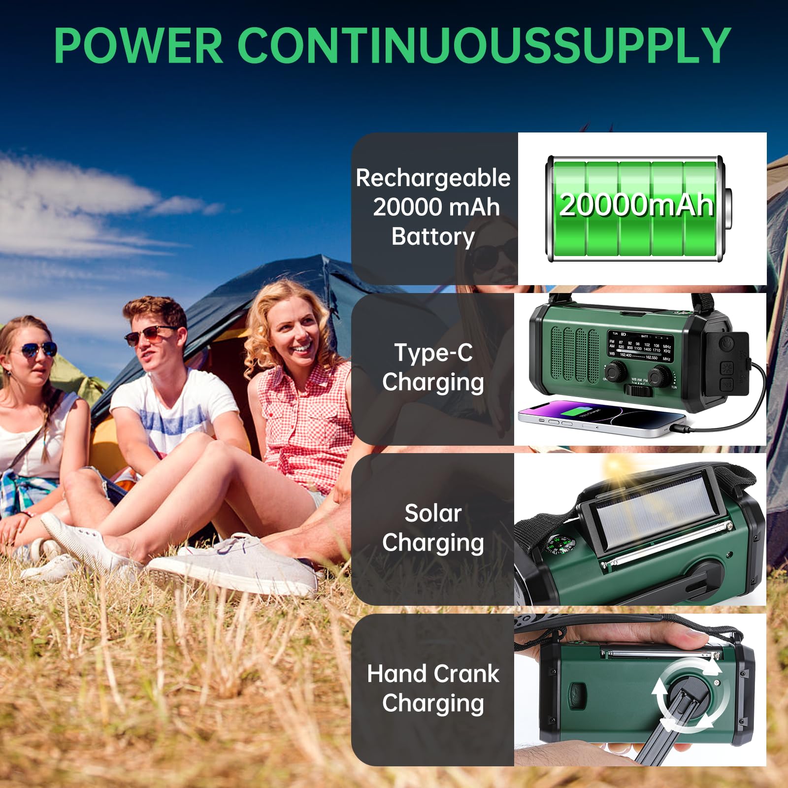 Tftdoup Emergency Radio Hand Crank Solar, Am/Fm/Noaa Weather Radio Built-In 20000Mah Battery Powered,Type-C Charger,Flashlight,