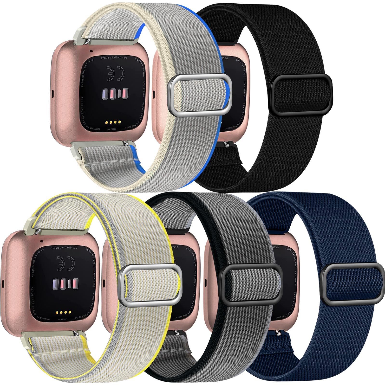 Chinber 5 Pack Bands Compatible With Fitbit Versa 2/5 Bands, Soft Adjustable Nylon Sport Band For Fitbit Versa Smart Watch Women