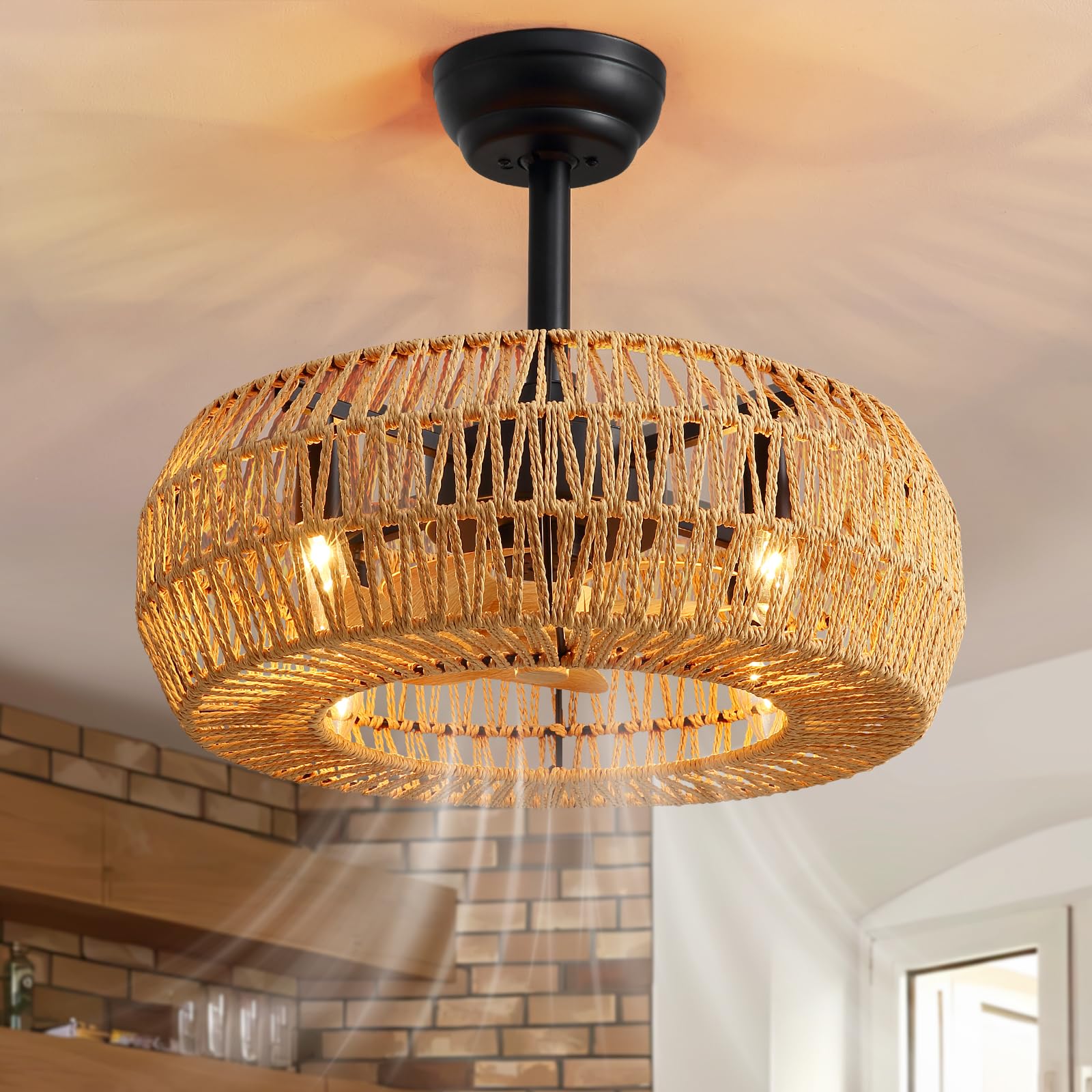 MOOONICHE 20 Boho Caged Ceiling Fan with Lights Remote Control, Rattan Cage Low Profile Bladeless Ceiling Fan, Farmhouse Ceiling