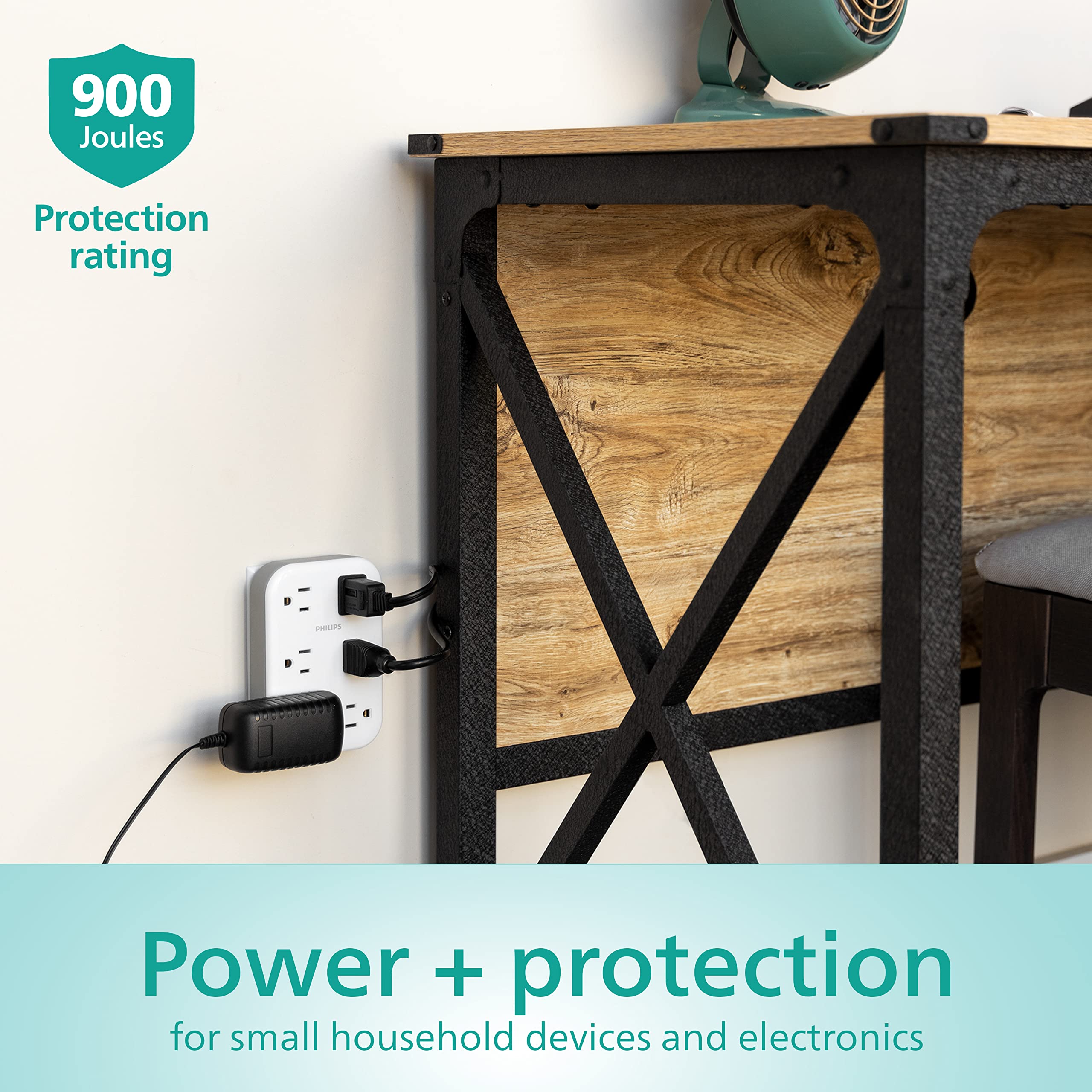 Philips Ezfit 6 Outlet Surge Protector Outlet Extender, Wall Tap, Grounded Widely Spaced Outlets, 900 Joules, For Home Office Do