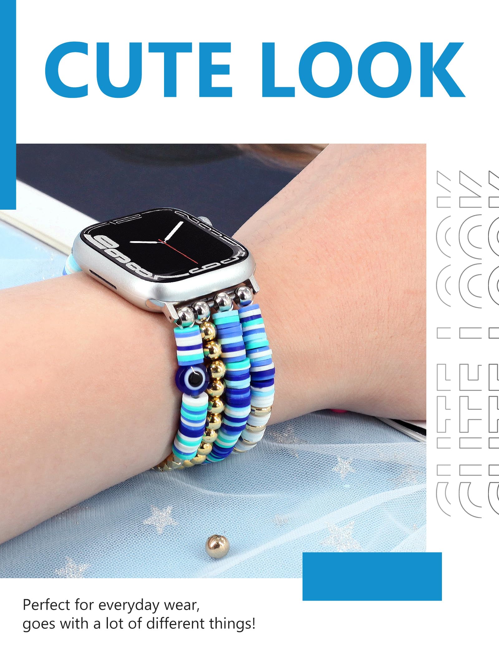 Jr.Dm Beaded Bracelet Compatible With Apple Watch 42Mm 44Mm 45Mm 46Mm For Women, Stretchy Gillter Evil Eyes Jewelry Handmade Wat