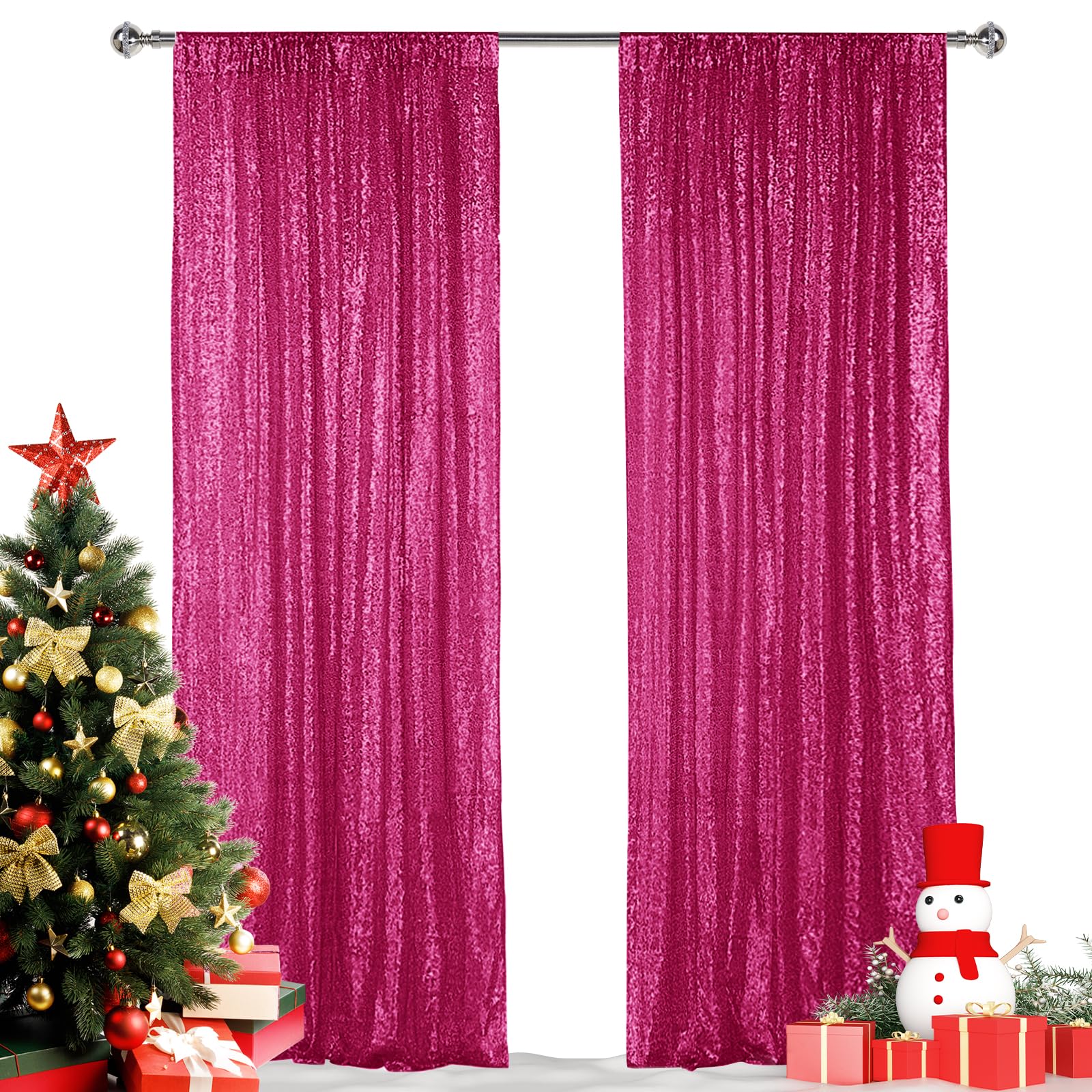 Hahuho Fuchsia Sequin Backdrop Curtain, 2Pcs 2Ftx8Ft Glitter Backdrop Curtain For Parties, Christmas, Wedding, Party Decoration(