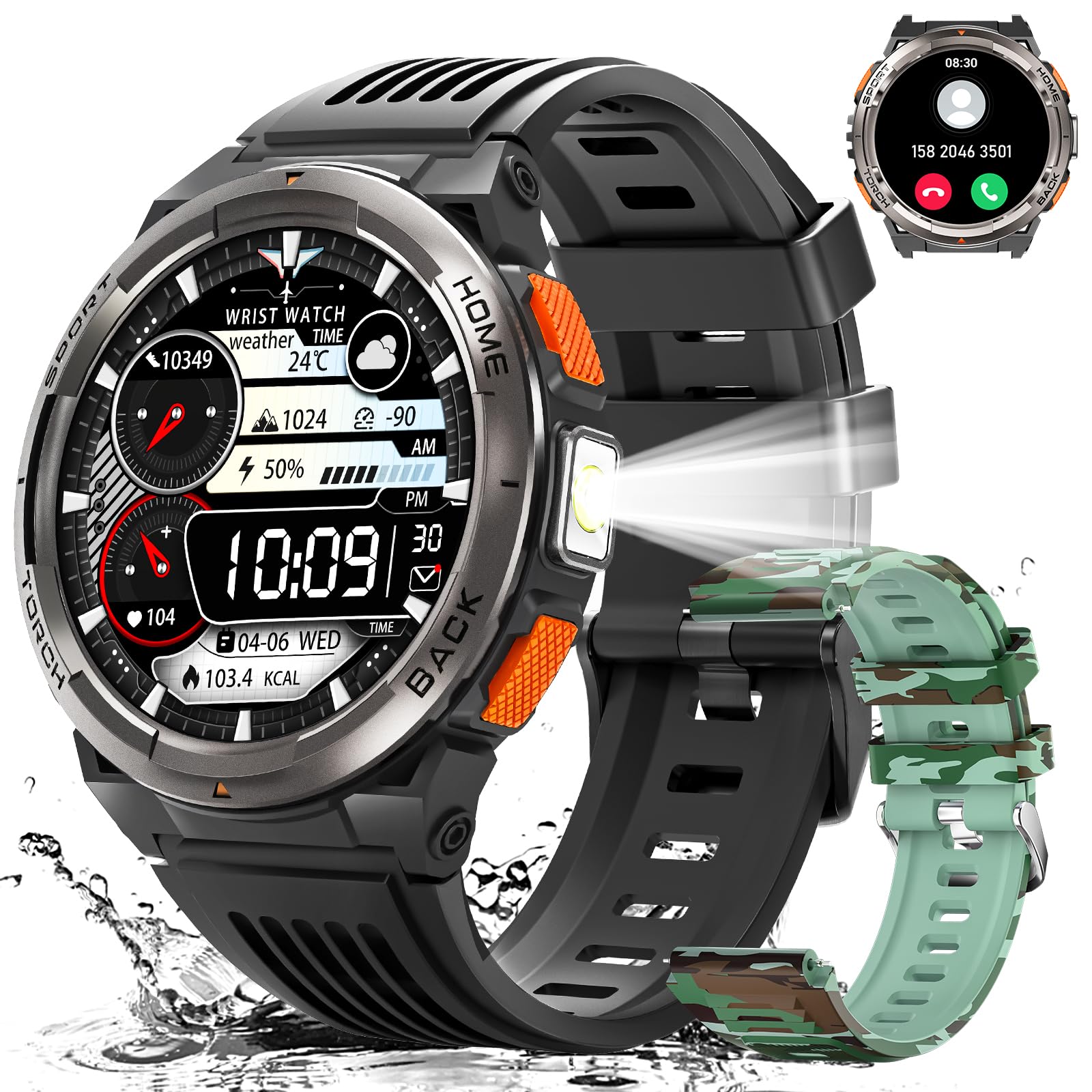 EIGIIS KE5 Military Smart Watch for Men with Flashlight SOS 3ATM Waterproof Watch 530mAh Big Battery 1.45  Rugged Tactical Smart