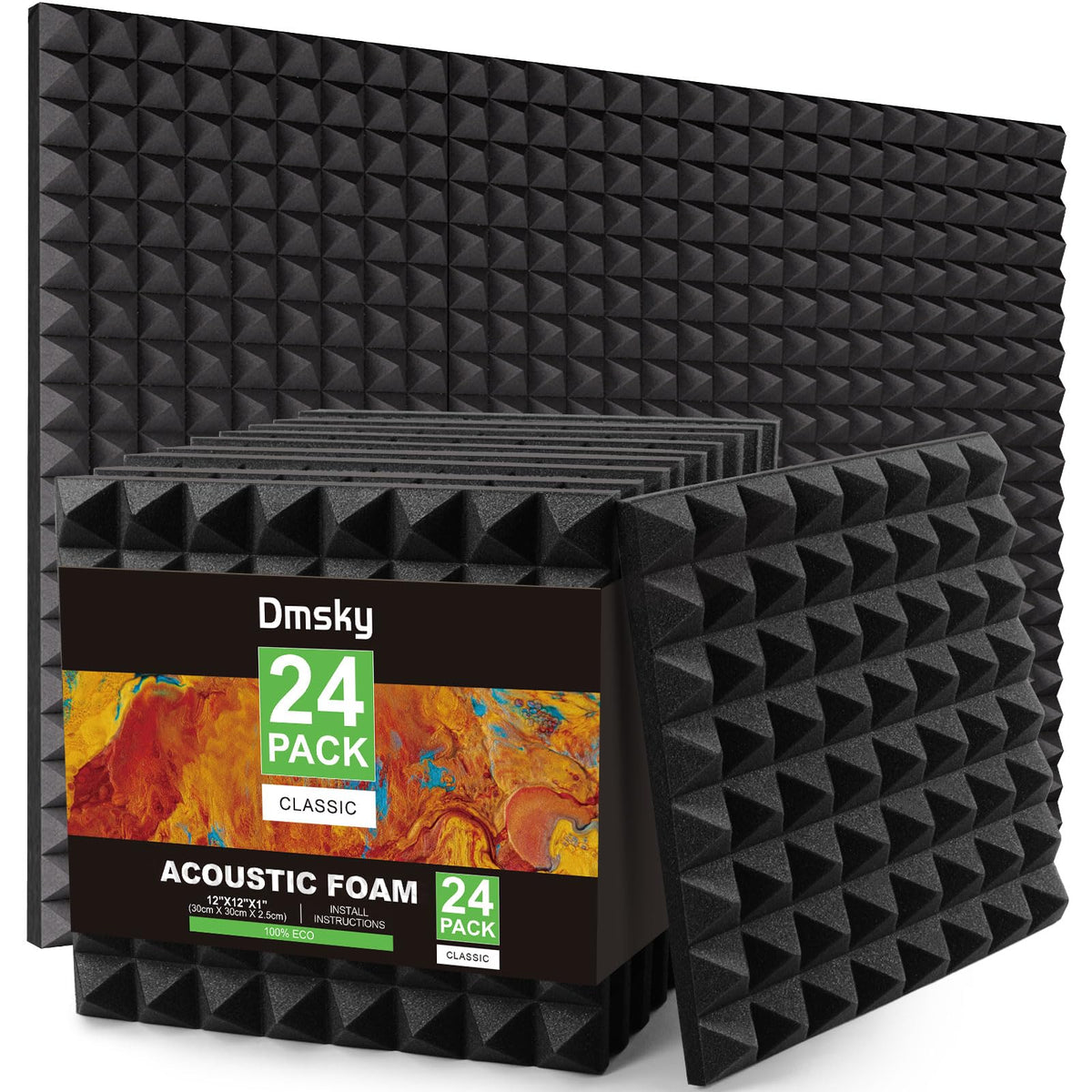 24 Pack Sound Proof Foam Panels Studio Acoustic Foam Panels,1'' X 12'' X 12''Soundproof Wall Panels,Fire Proofed Pyramid Soundpr