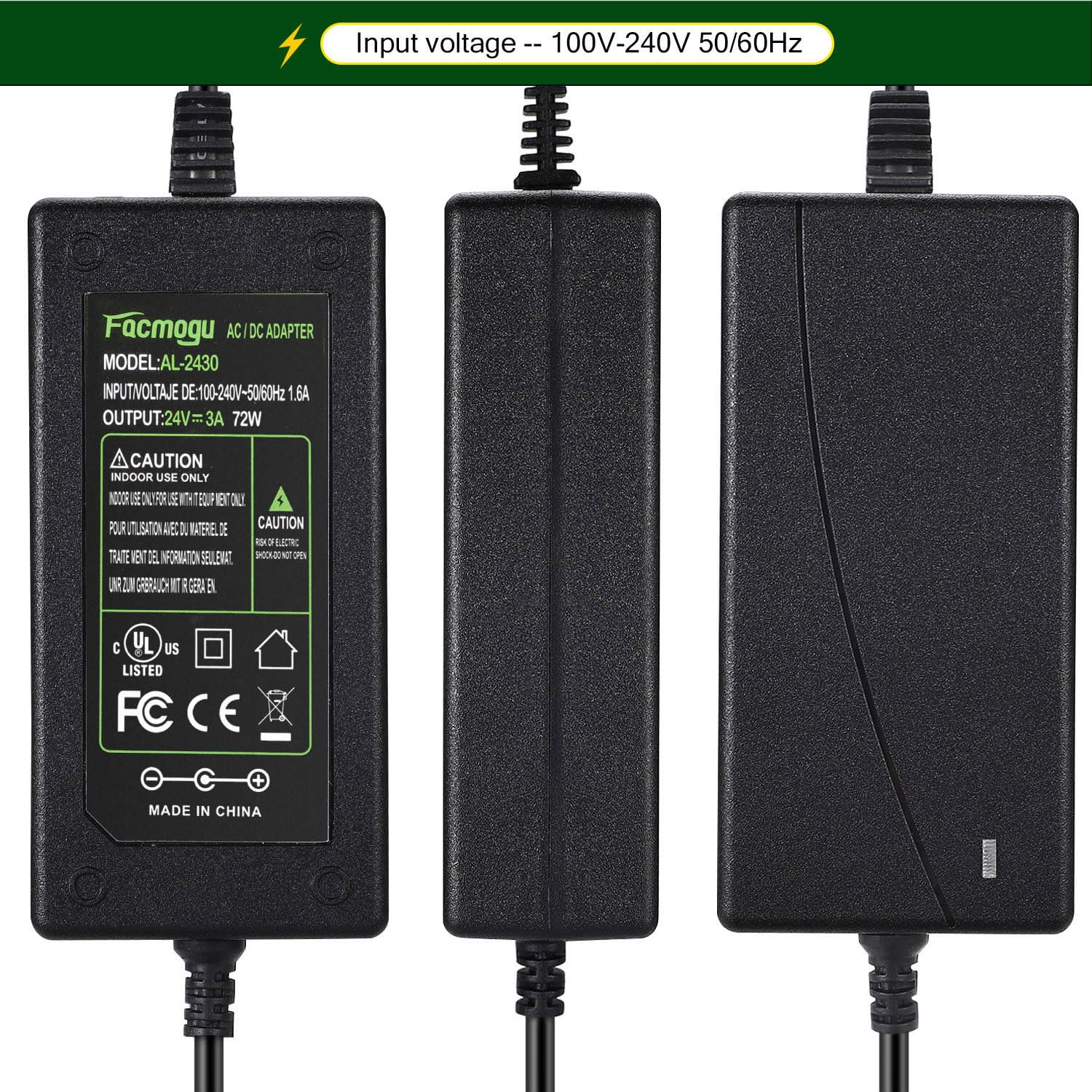 Dc 24V 3A Power Adapter, 72 Watt Ac 100 240V To Dc 24Volt Transformers, Switching Power Supply For Led Strip Light, Camera, Wire