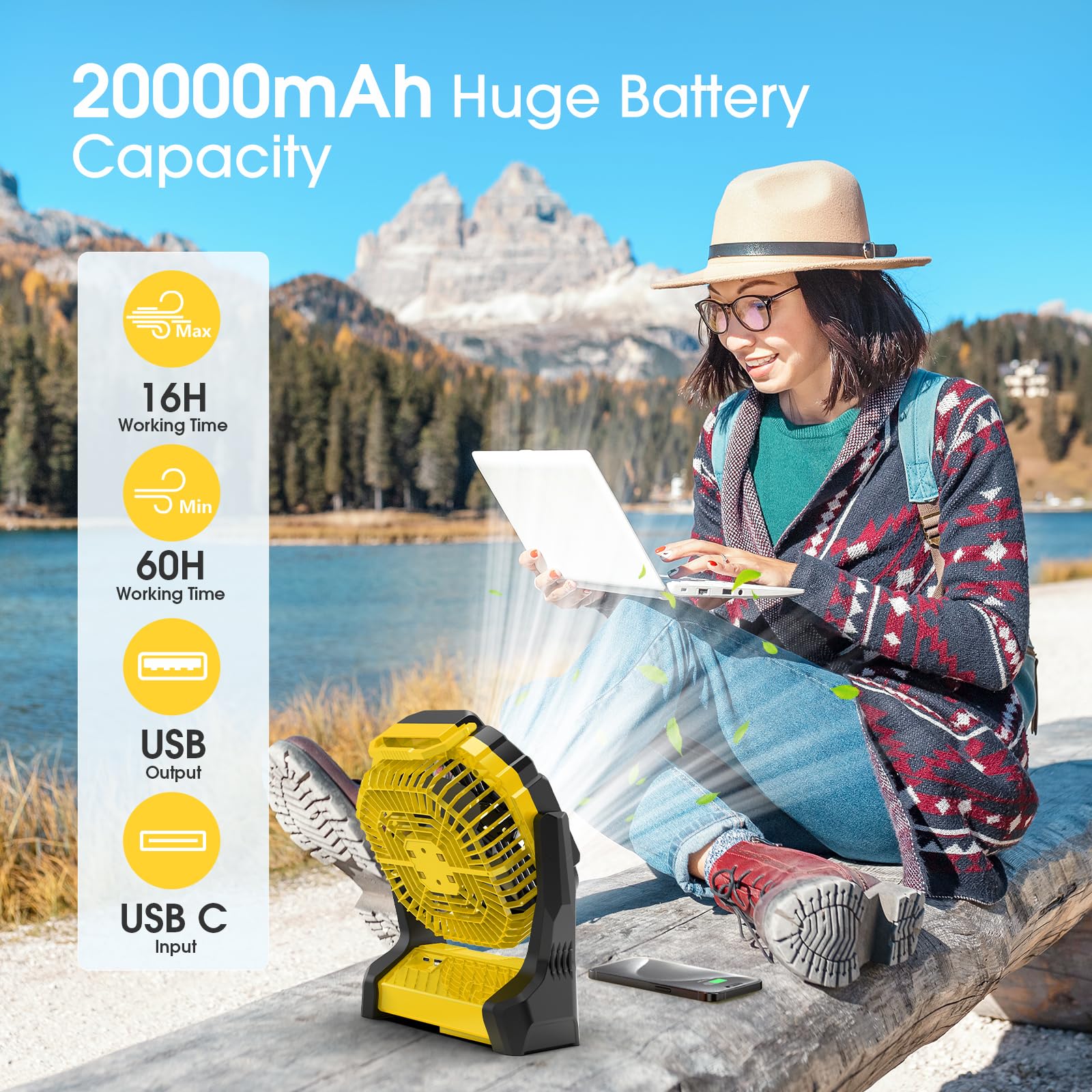 Portable Fan Rechargeable, 20000Mah Cordless Battery Powered Fan With Led Lantern, Usb C Battery Operated For Travel Bedroom Hom