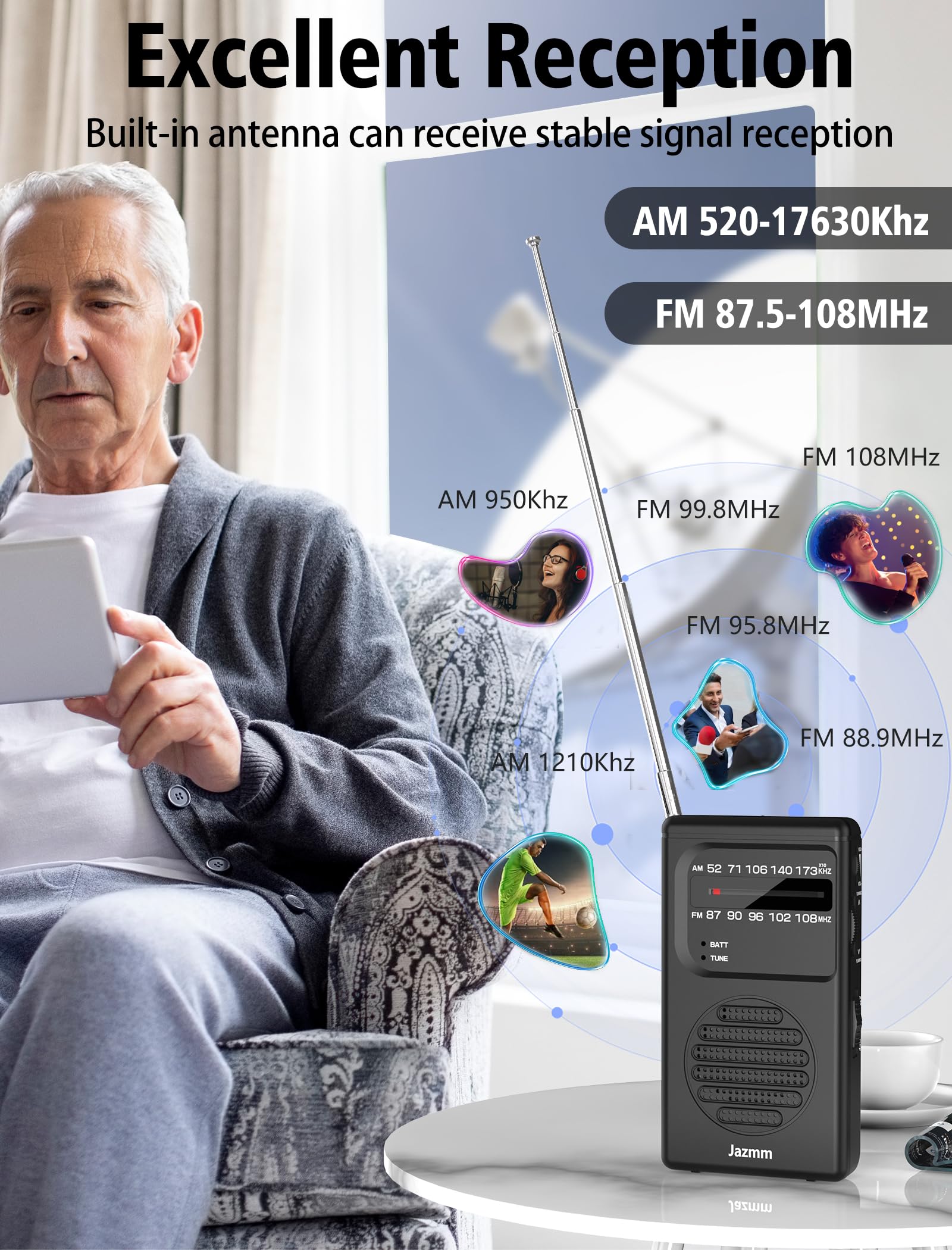 Jazmm Portable Radio Am Fm,Battery Operated Radio With 3W Large Speaker,Transistor Radios With Best Reception,Pocket Radio With