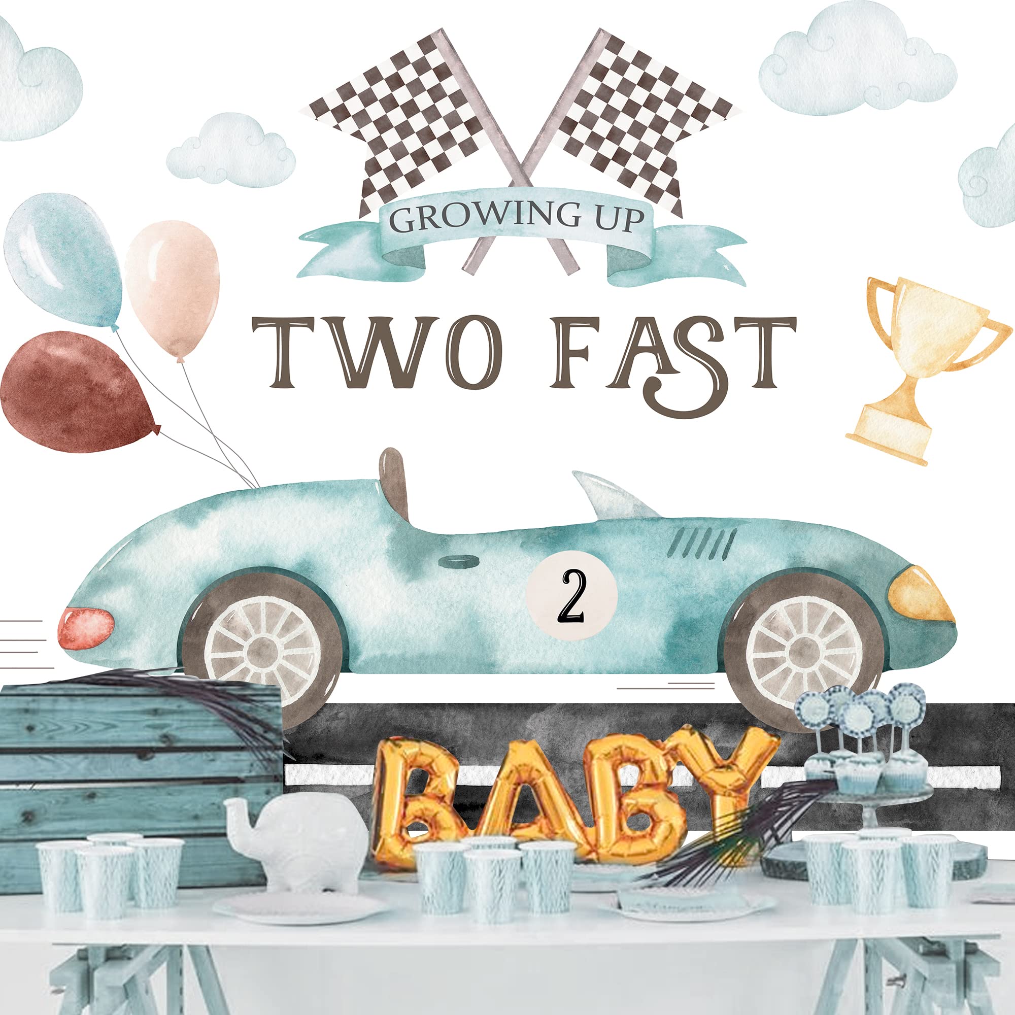 Glawry Two Fast 2Nd Birthday Backdrop For Boy 7Wx5H Feet Boho Watercolor Race Car Balloons Cup Cool Cartoon Clouds Flags Road 2N