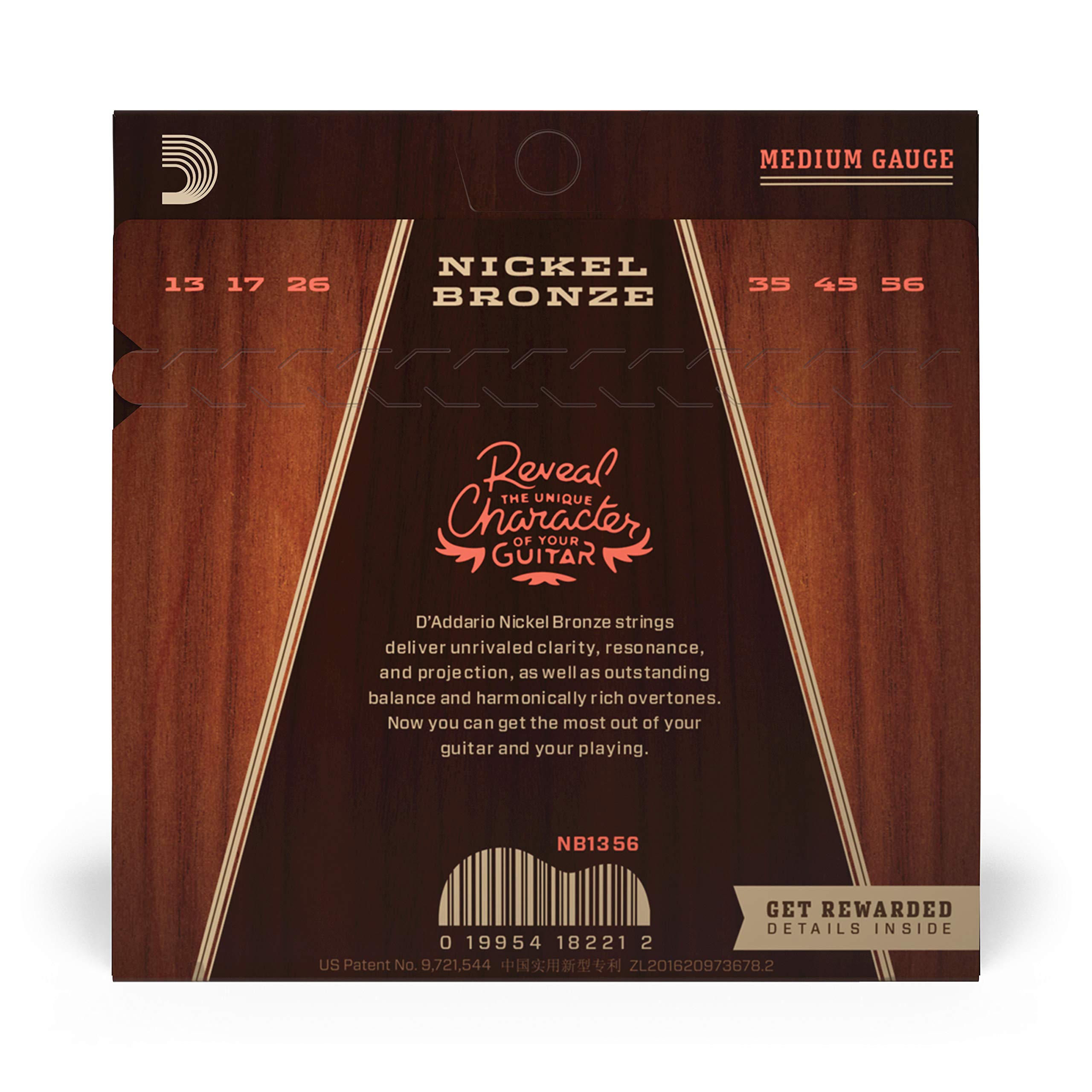 D'Addario Acoustic Guitar Strings, Nickel Bronze, Nb1356, Medium Gauge 13 56, 6 String Set, Pack Of 1