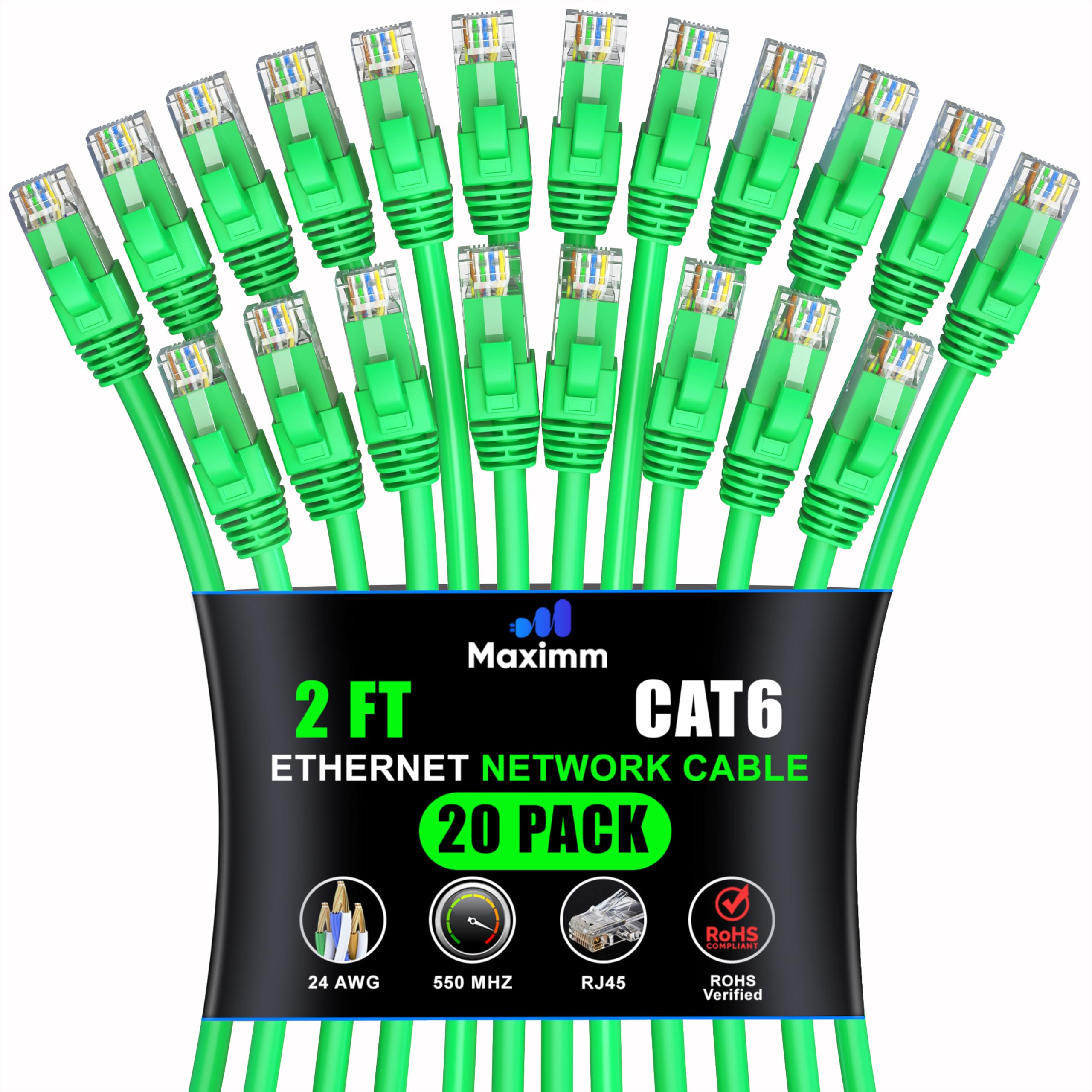 Maximm Cat 6 Ethernet Cable 2 Ft (20 Pack)   High Speed Lan Cable, Internet Cable, Patch Cable, And Network Cable   Utp, 10Gbps, 550Mhz Ethernet Cord   Green