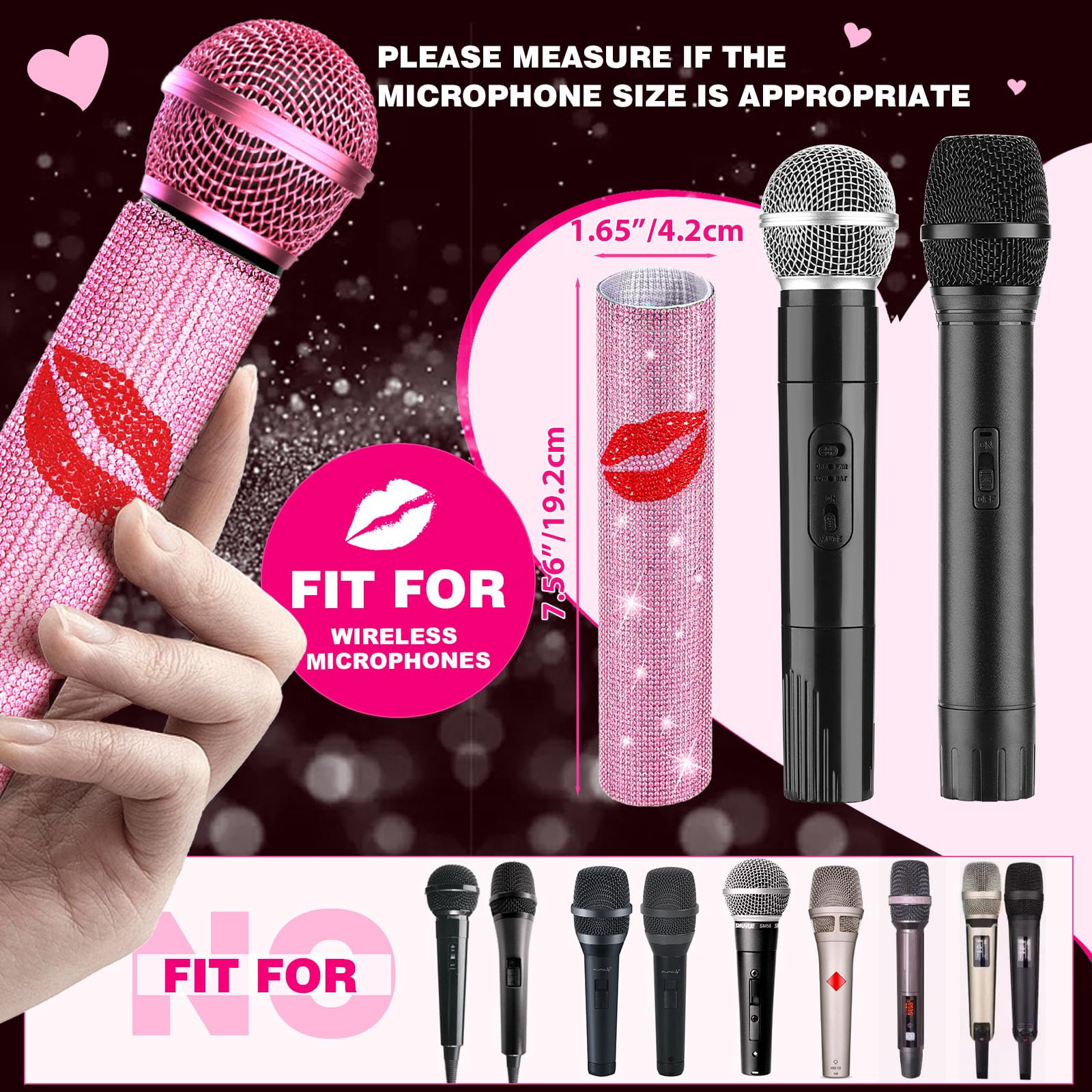Facmogu Pink Rhinestones Handle Cover, Red Lips Glitter Mic Sleeve For Wireless Microphone, Sparkly Crystal Mic Cover Sleeve, Be