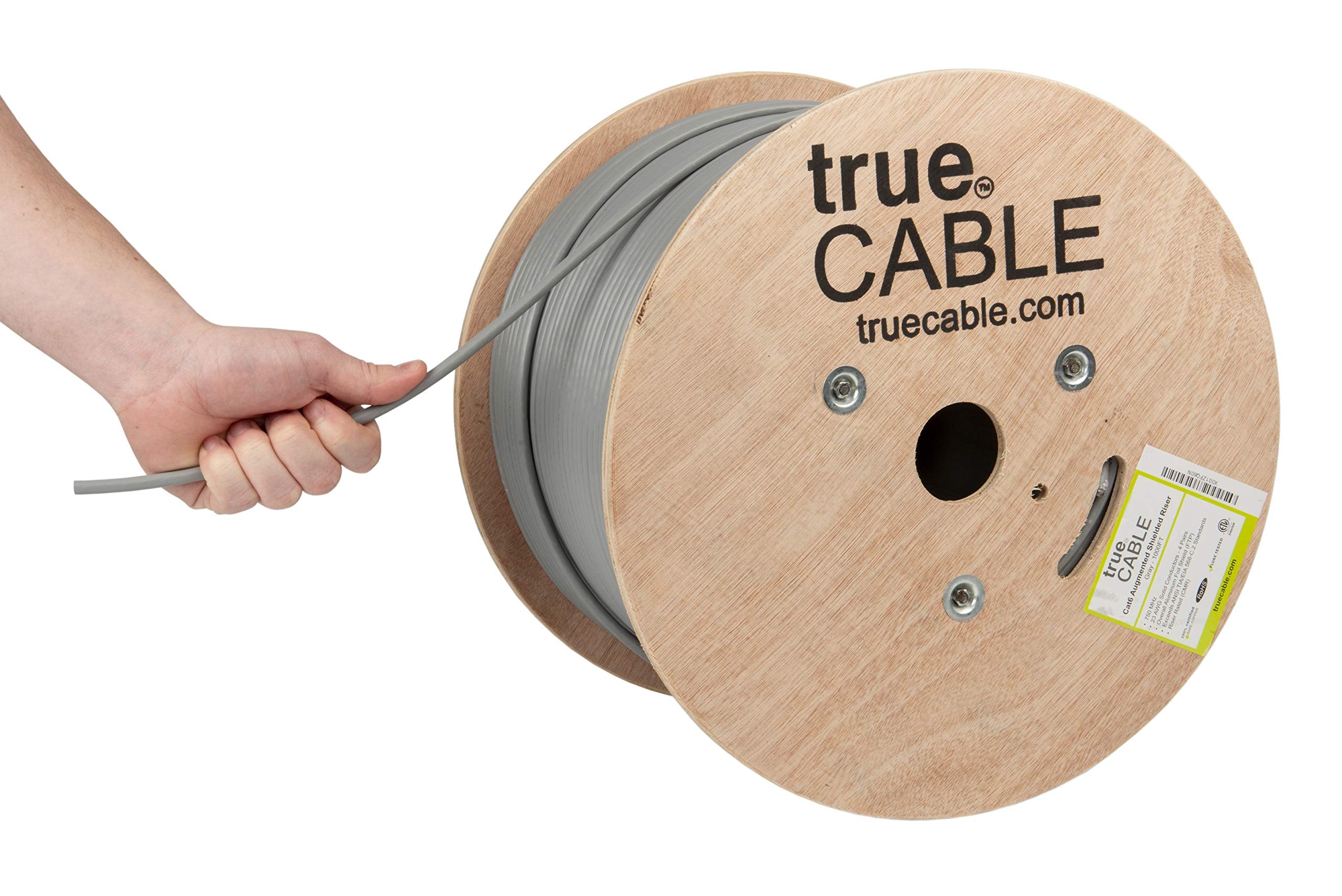 Truecable Cat6A Shielded Riser (Cmr), 1000Ft, Gray, 23Awg Solid Bare Copper, 750Mhz, Poe++ (4Ppoe), Etl Listed, Overall Aluminum Foil Shield (F/Utp), Bulk Ethernet Cable