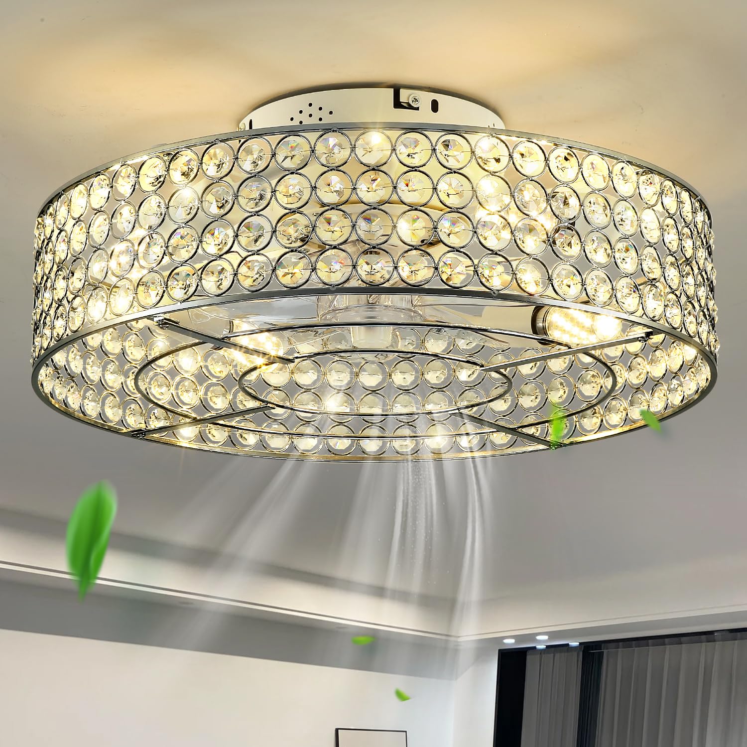 Hueoczw Modern Low Profile Ceiling Fans With Lights And Remote, 20 Inch Crystal Bladeless Flush Mount Caged Ceiling Fan For Bedr