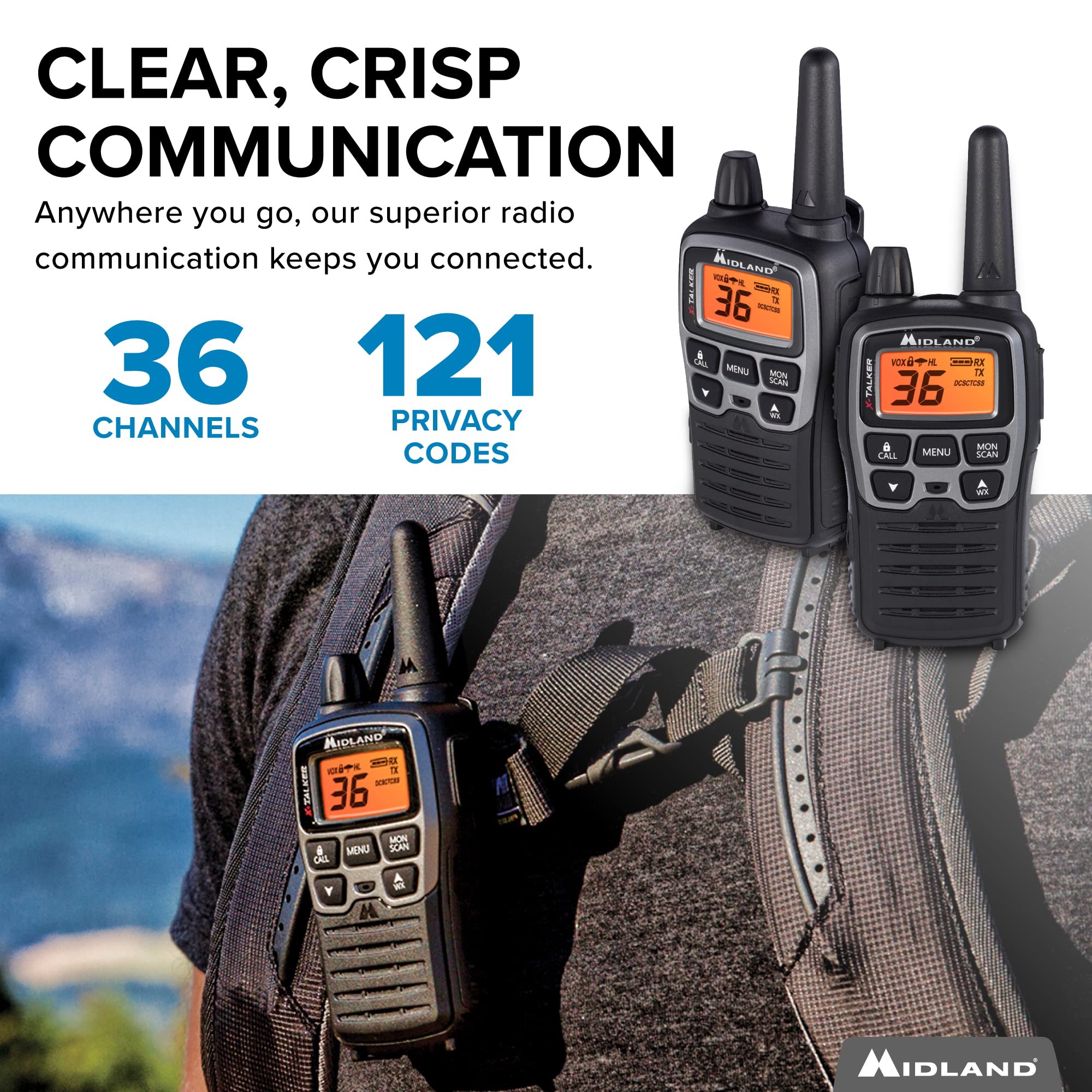 Midland� T71Vp3 X Talker Long Range Walkie Talkie   Frs Two Way Radio For Camping Overlanding Rock Crawling   Noaa Weather Scan   36 Channels And 121 Privacy Codes Black/Silver 2 Pack