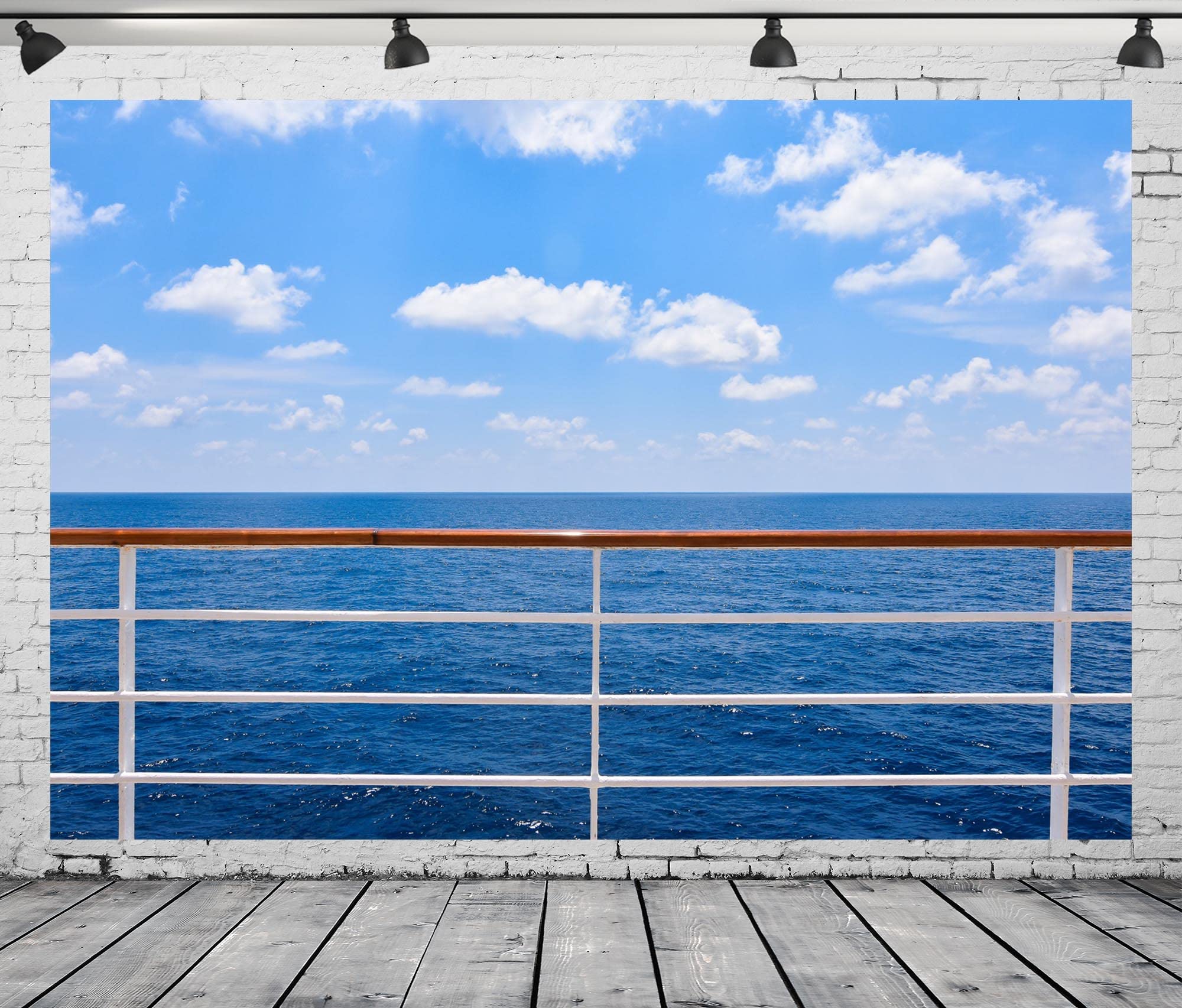 Corfoto 7X5Ft Ocean Cruise Ship Backdrop Fabric Blue Sky Travel Ship Deck Railings Fence Photo Backdrop Summer Sea Cruise Ship C