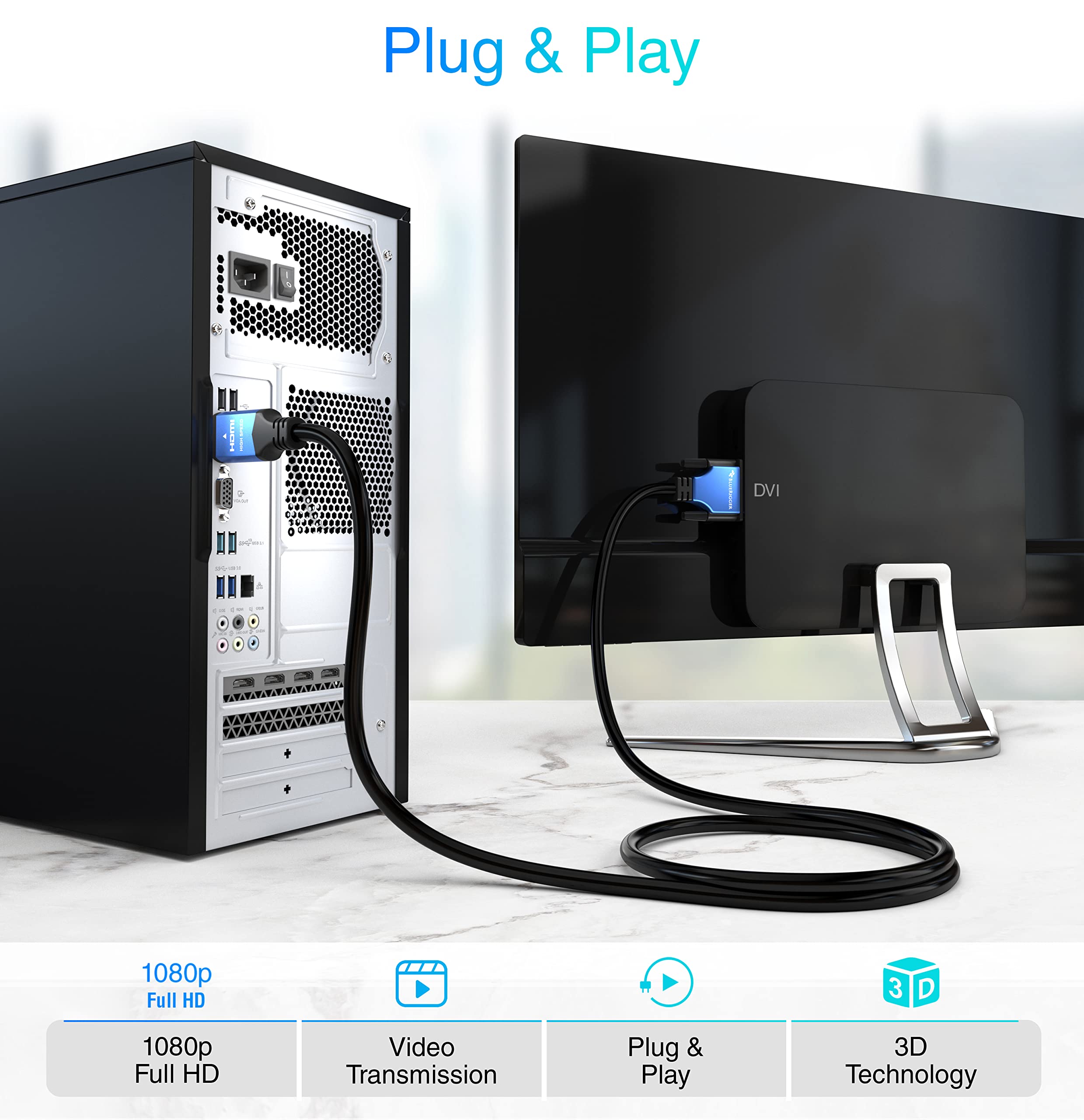 Bluerigger Hdmi To Dvi Cable (6Ft, High-Speed, Bi-Directional Adapter Male To Male, Dvi-D 24+1, 1080P, Aluminum Shell) - Compati