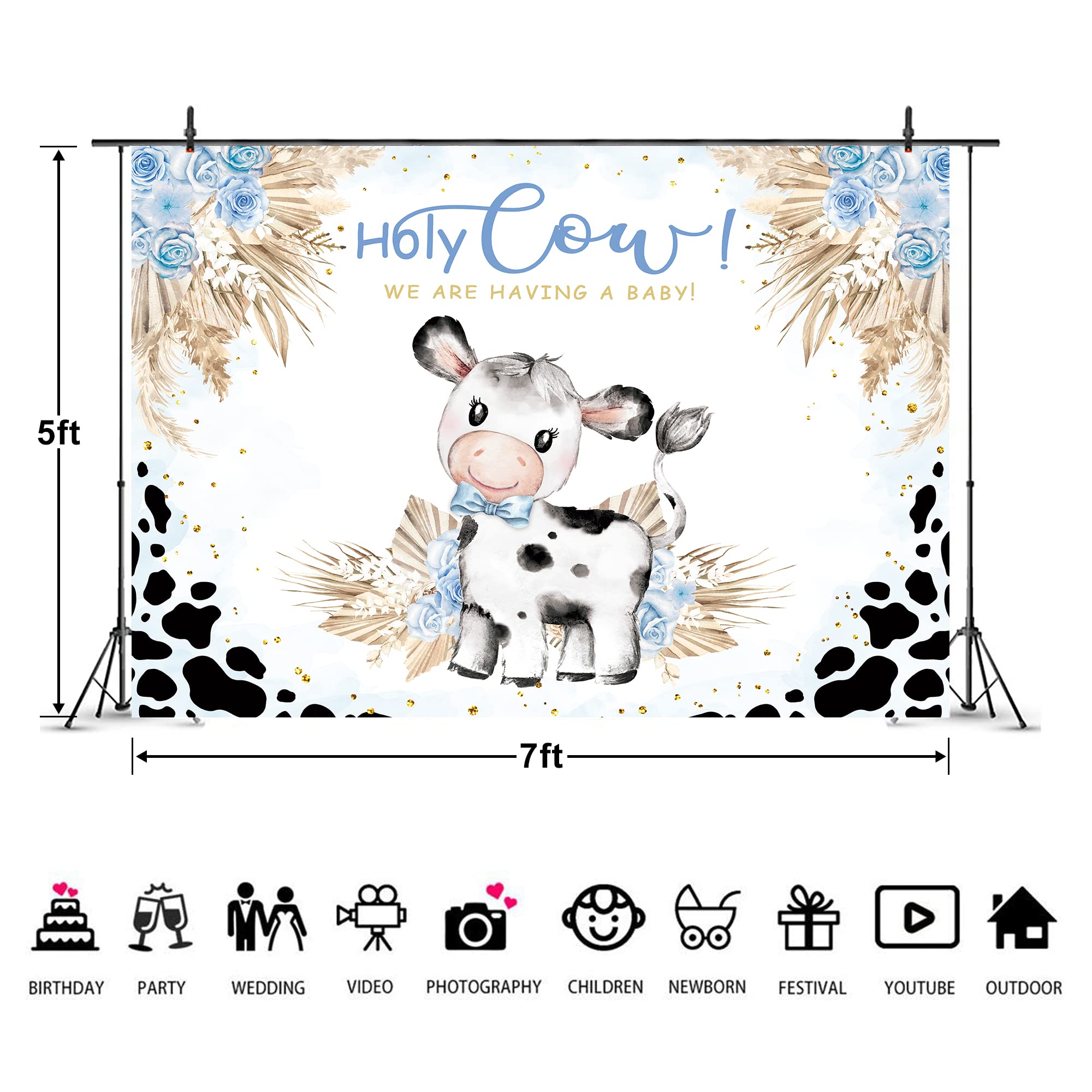 Imirell Holy Cow Baby Shower Backdrop 7Wx5H Feet Farm Blue Cow Print Boys Cowboy Floral Pampas Kids Polyester Fabric Newborn Bir