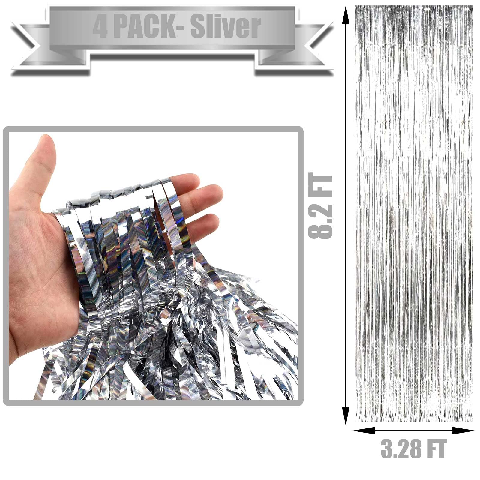 4 Pack Silver Foil Fringe Curtain Backdrop, 3.28Ft X 8.2Ft Metallic Tinsel Foil Fringe Streamer Curtains For Photo Booth Props,