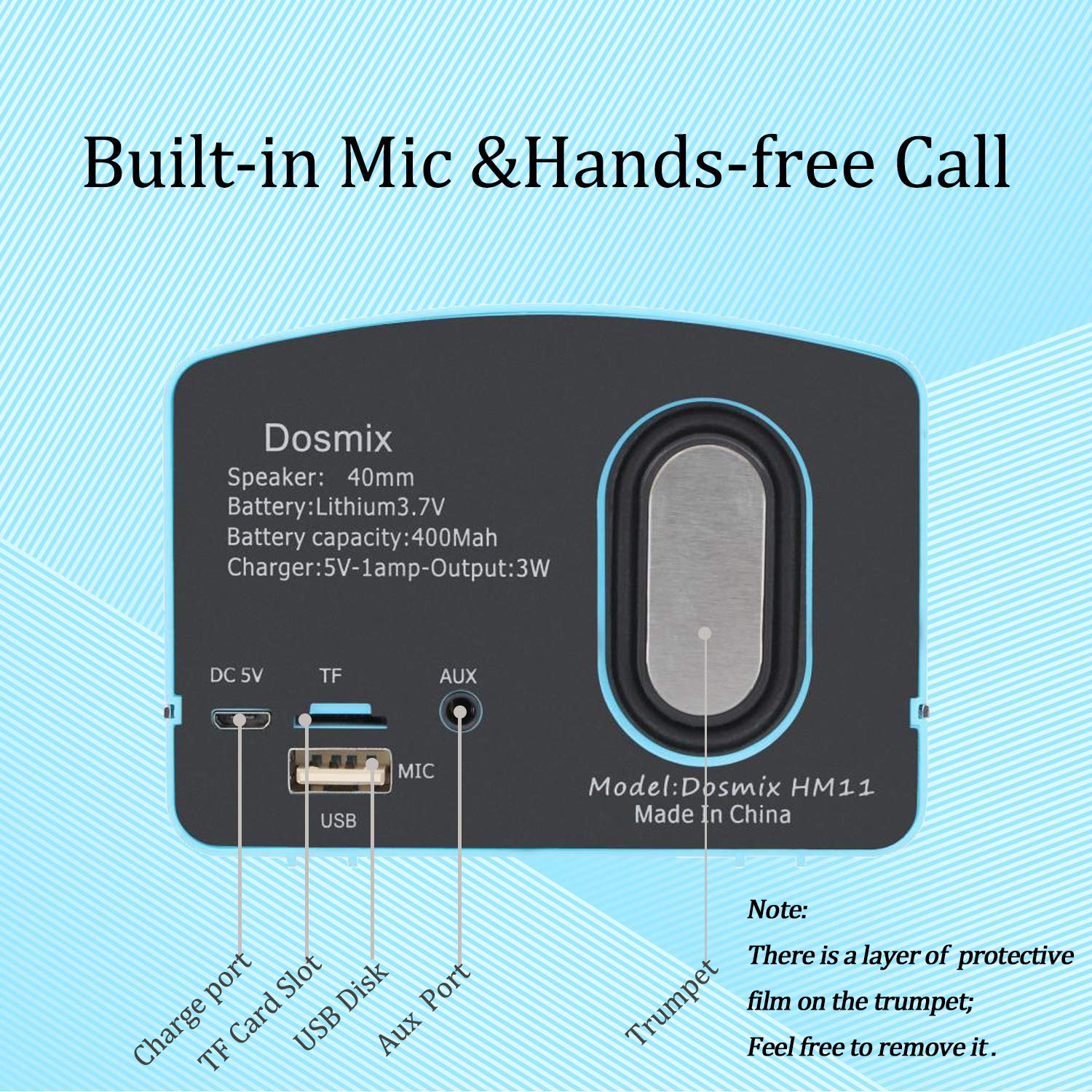 Dosmix Wireless Retro Bluetooth Speaker HM11 Portable Powerful Sound Hands-Free Calls Alexa TF AUX Plastic Blue