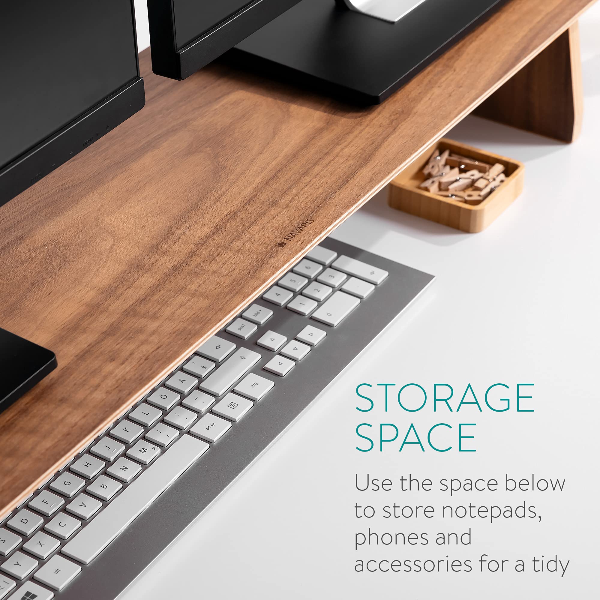 Navaris Dual Monitor Stand Riser   Real Wood Double Width Desk Shelf For Holding 2 Computer Screens   42.9'' Wide X 9.1'' Deep X