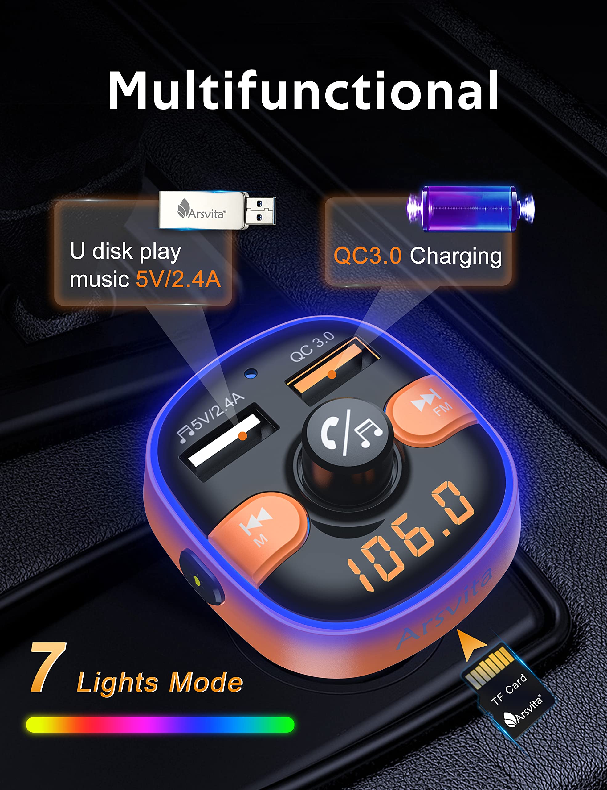 Upgraded Arsvita Bluetooth Fm Transmitter For Car, Radio Receiver/Audio Adapter With Dual Car Charger, Support Qc3.0 Quick Charging, Hands Free Calling And Hi Fi Sound Playback, Orange