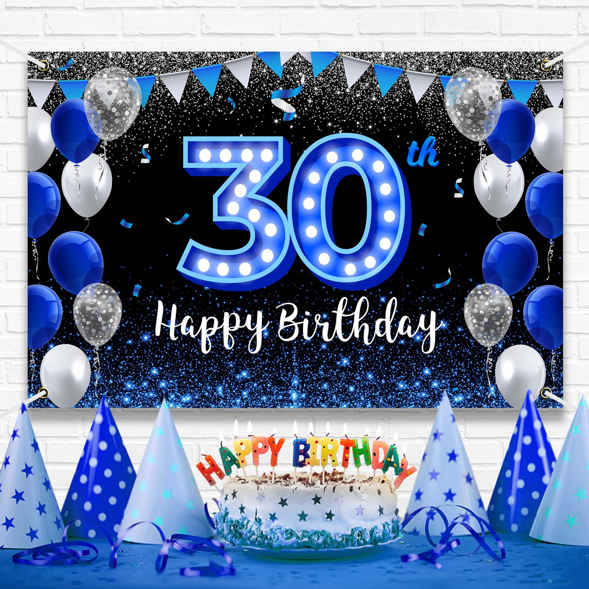 Happy 30Th Birthday Backdrop Banner Blue Black Theme Background With Blue Neon Light Shiny Fashion Birthday Party Photo Photogra