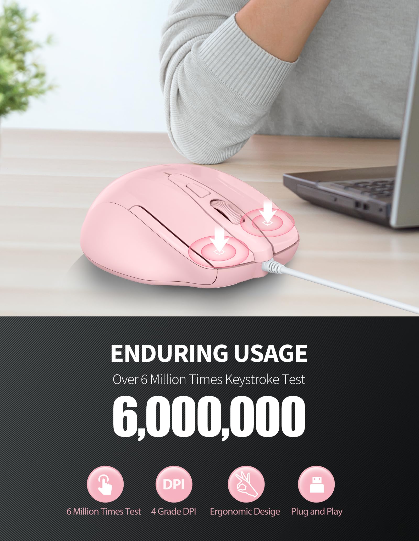 Tecknet Usb Wired Mouse, 6 Button Corded Mouse With 4 Adjustable Dpi, Optical Computer Mouse With Ergonomic Design And 5Ft Cord For Laptop, Chromebook, Pc, Desktop, Mac, Notebook   Pink