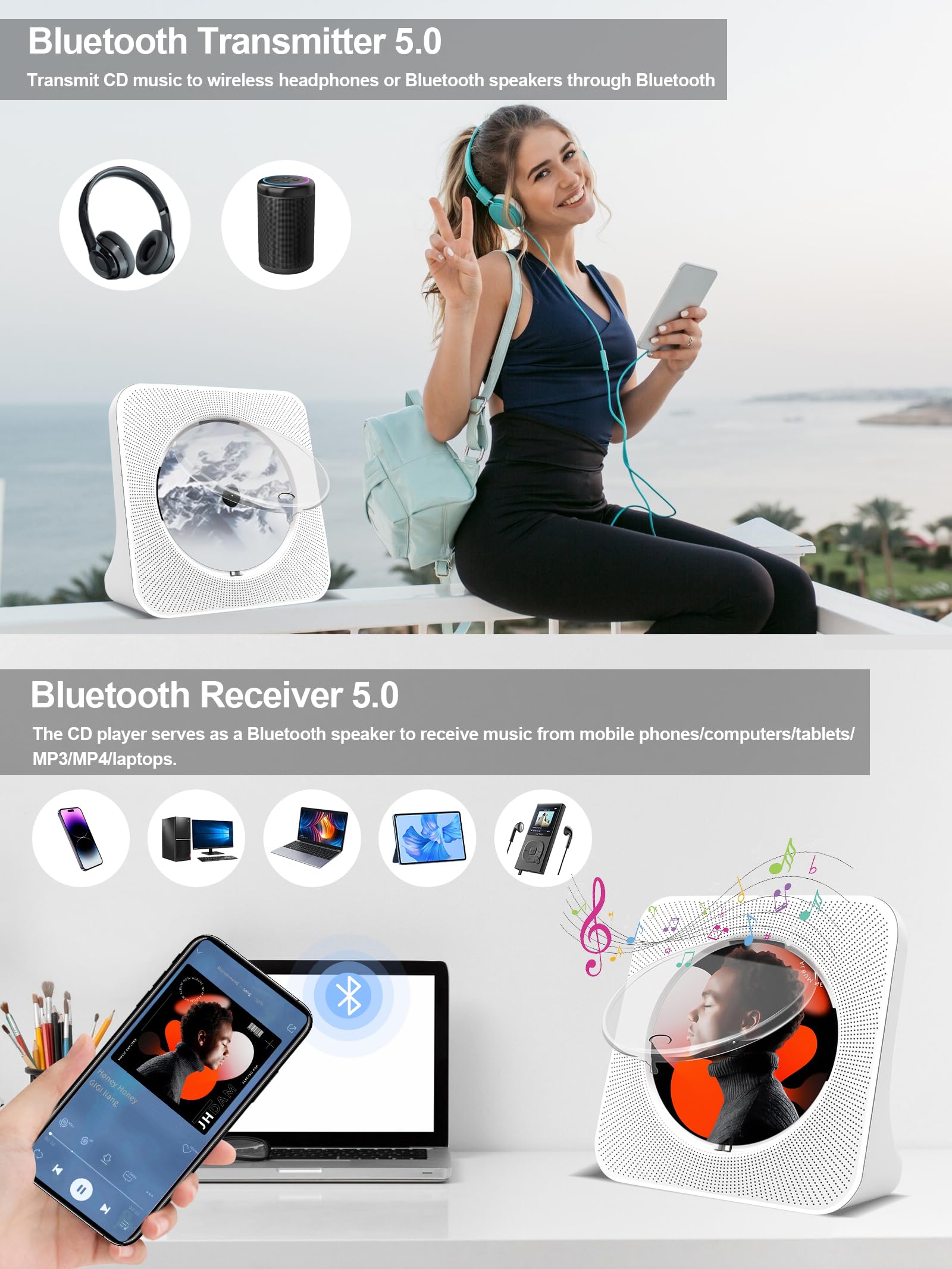 Desktop Cd Player Portable With Bluetooth   Jimwey Cd Player For Home With Hifi Speakers, Fm Radio, Remote Control, Led Screen D