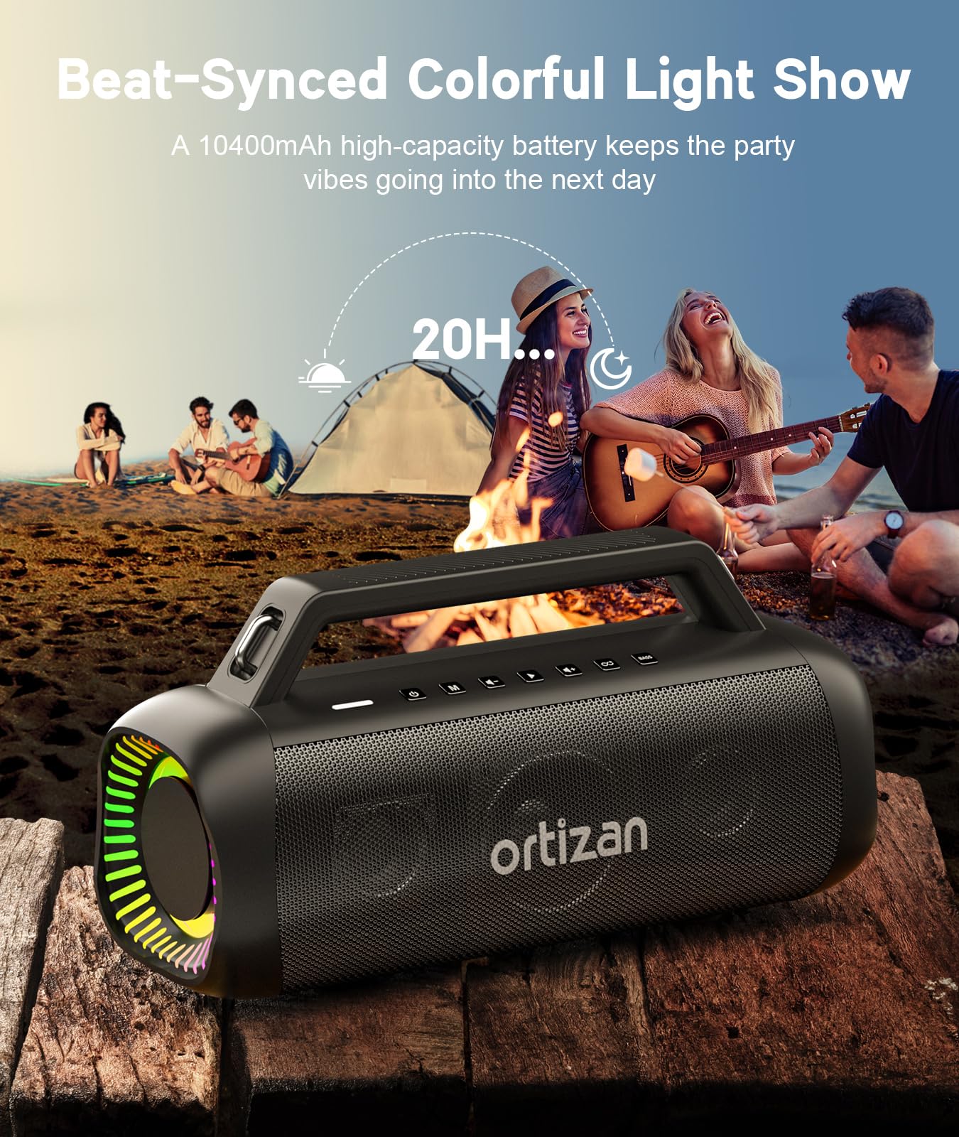 Ortizan Portable Bluetooth Speaker Loud, 80W Peak, Bass Up, 20H Playtime, Ipx7 Waterproof, Rgb Lights, Wireless Stereo Pairing,