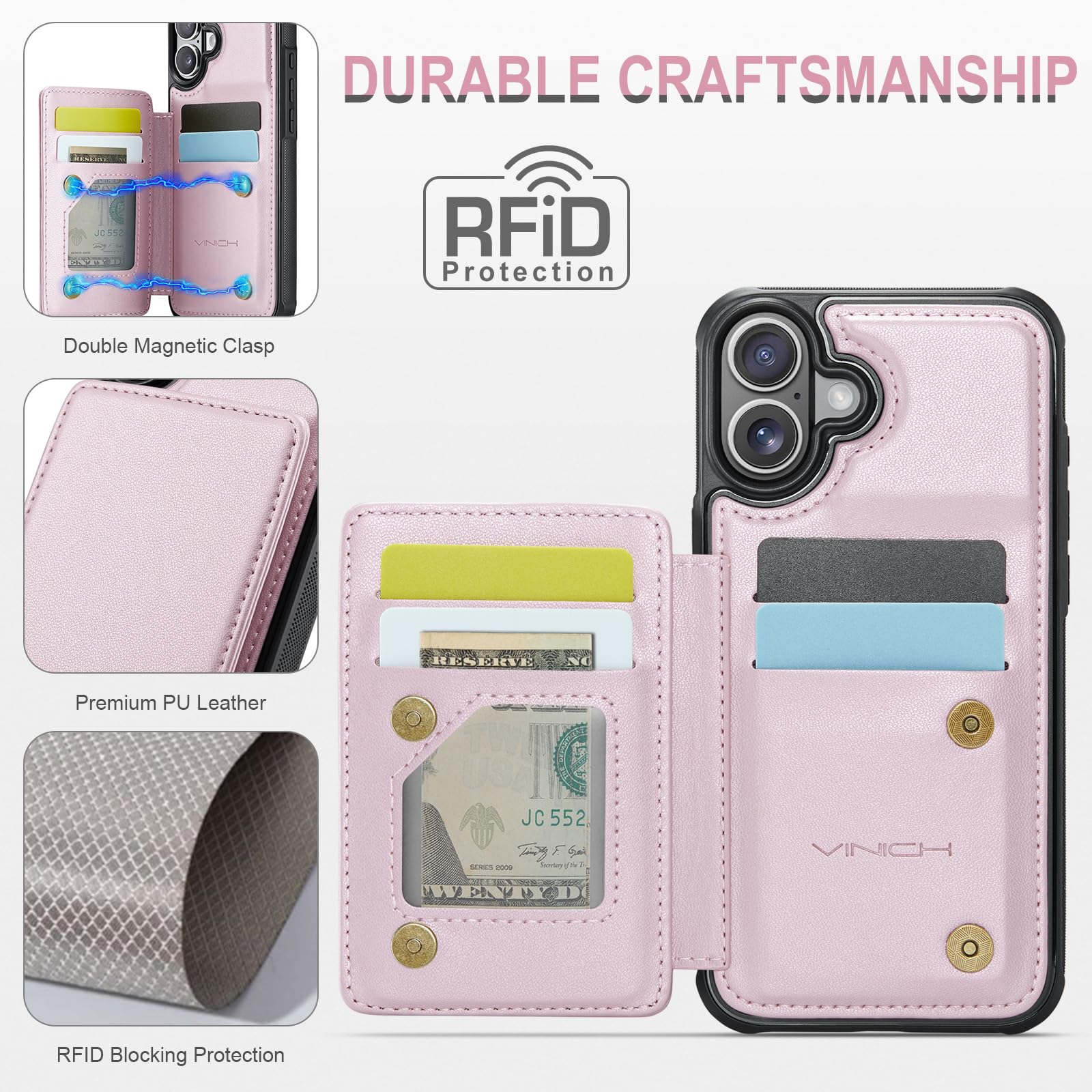 Vinich For Iphone 16 6.1'' Wallet Case With Card Holder, Rfid Blocking For Iphone 16 Case For Women Men, Durable Kickstand Shock