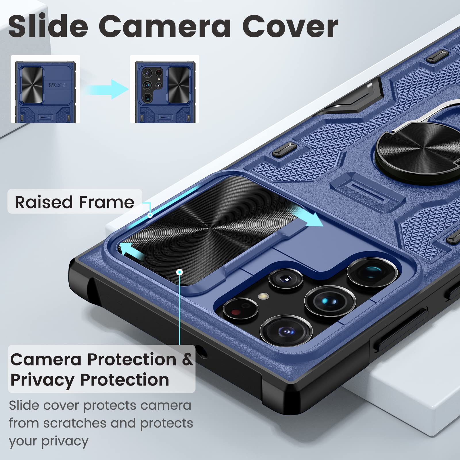 Caka For Galaxy S22 Ultra Case, Samsung S22 Ultra Case With Kickstand Slide Camera Cover With Built In 360    Rotate Ring Stand