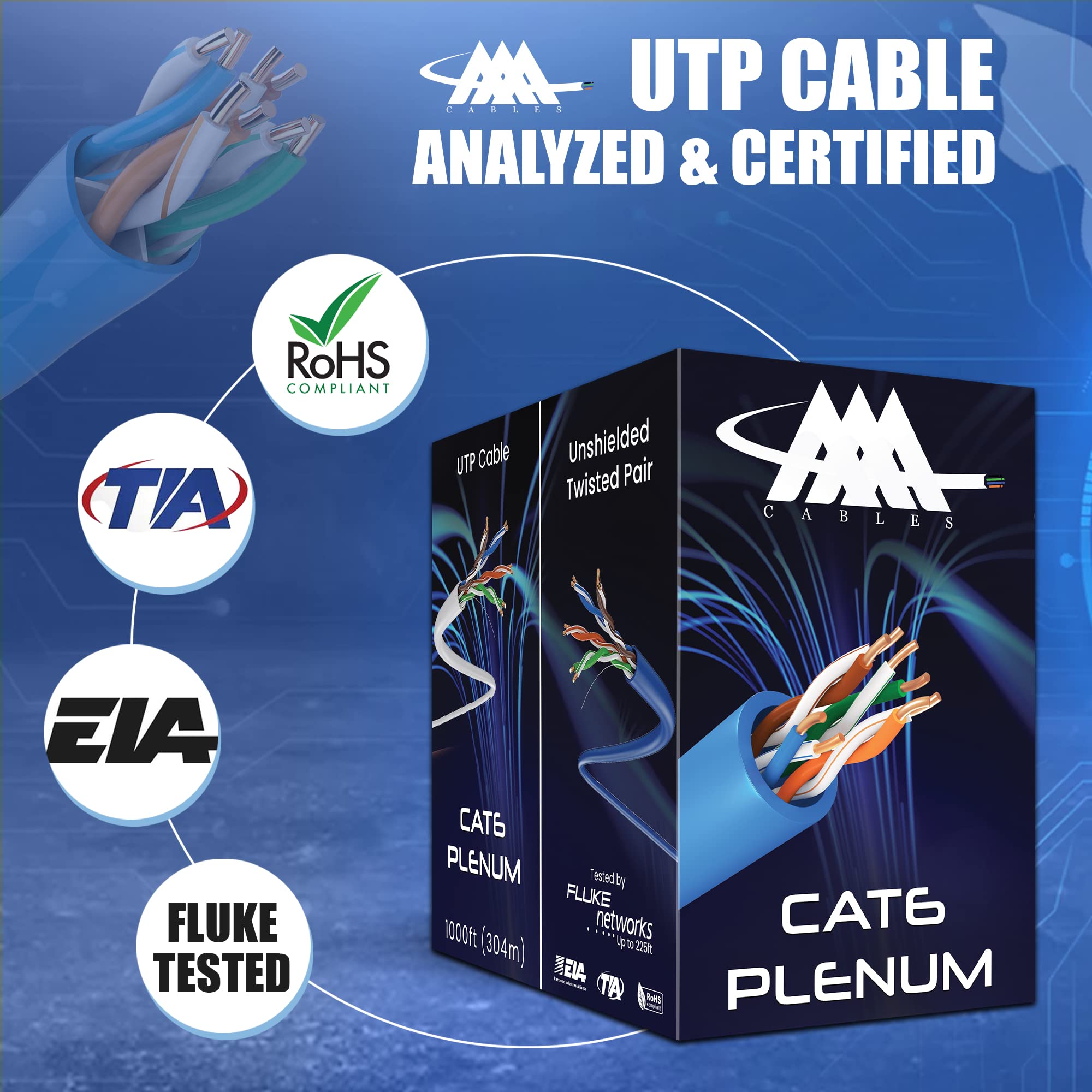 Aaa Cmp Cat6 Plenum Cable 1000Ft | 0.58Mm Solid Conductor | Dsx 8000 Fluke Test Passed | 23Awg Ethernet Plenum Cat 6 Cable | Utp